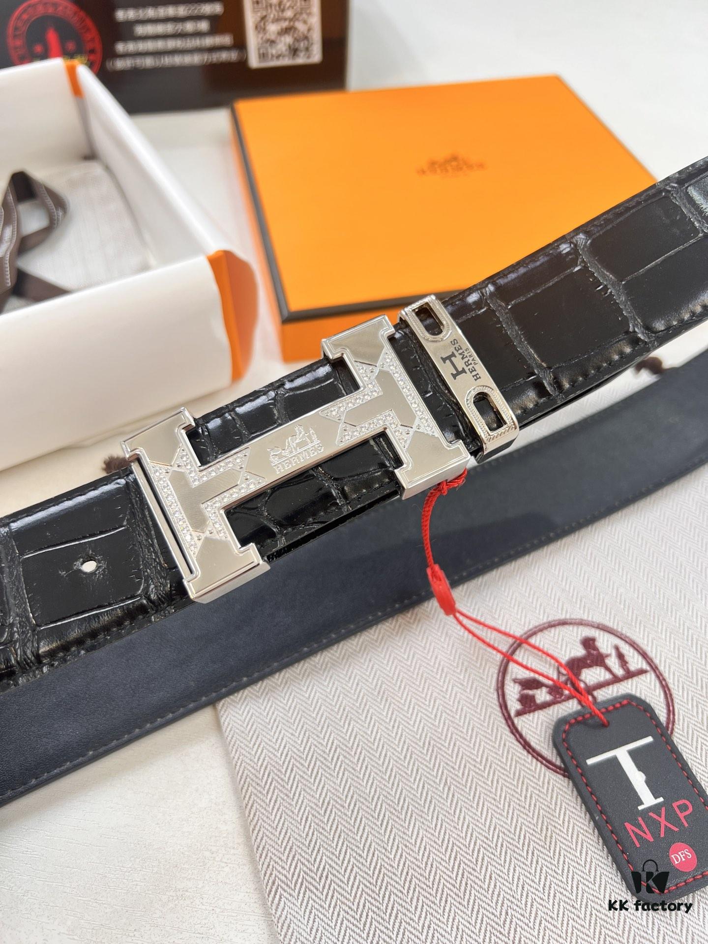 693201553a89a121ed55057a Hermès H Belt, Steel 'H' Buckle with Brick Inlay, Genuine Crocodile-Textured Top-Layer Calfskin, 3.8cm Width, Official Website Version, Includes NXP Anti-Counterfeit Chip