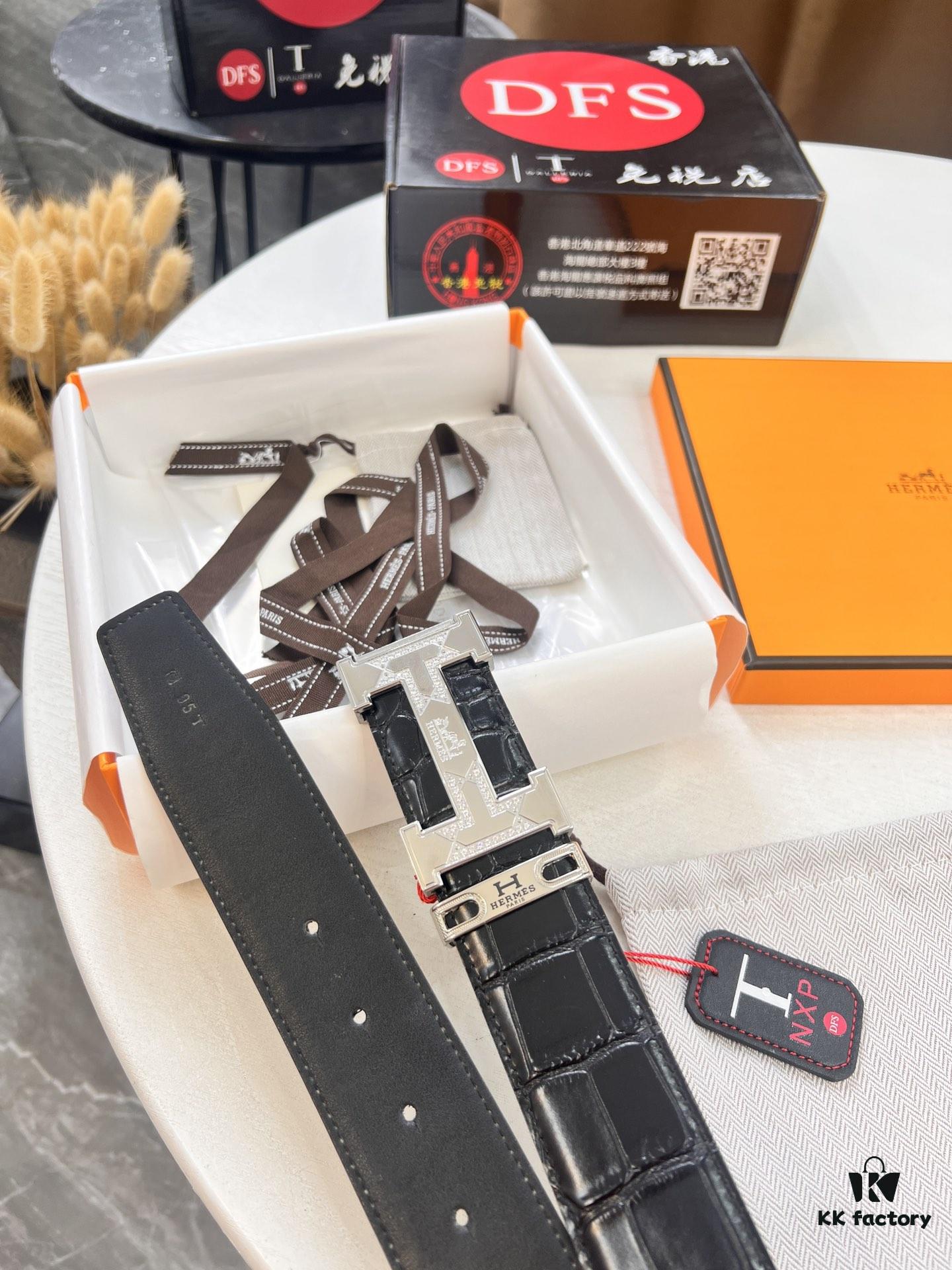 693201553a89a121ed55057b Hermès H Belt, Steel 'H' Buckle with Brick Inlay, Genuine Crocodile-Textured Top-Layer Calfskin, 3.8cm Width, Official Website Version, Includes NXP Anti-Counterfeit Chip