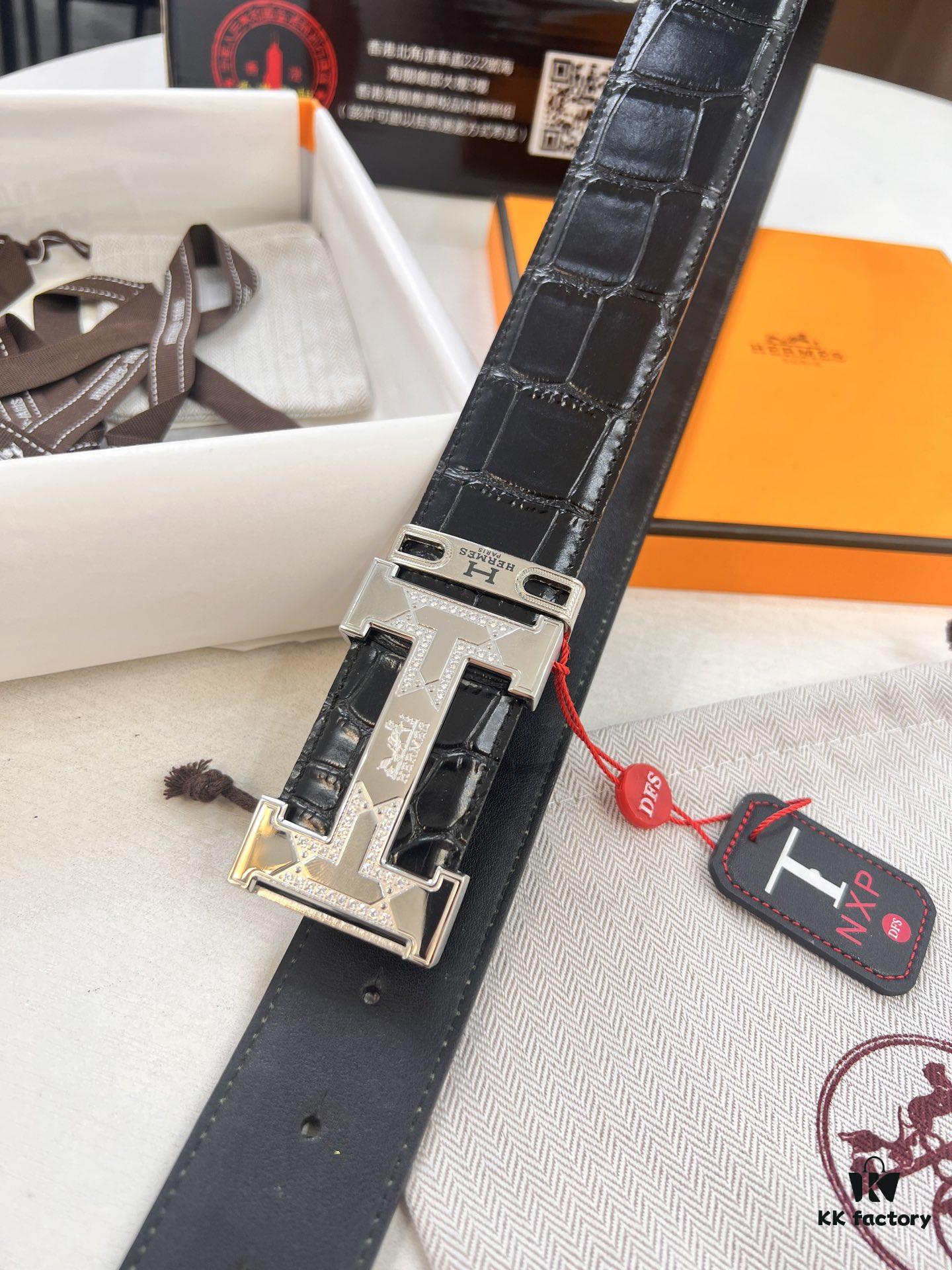 693201553a89a121ed55057d Hermès H Belt, Steel 'H' Buckle with Brick Inlay, Genuine Crocodile-Textured Top-Layer Calfskin, 3.8cm Width, Official Website Version, Includes NXP Anti-Counterfeit Chip