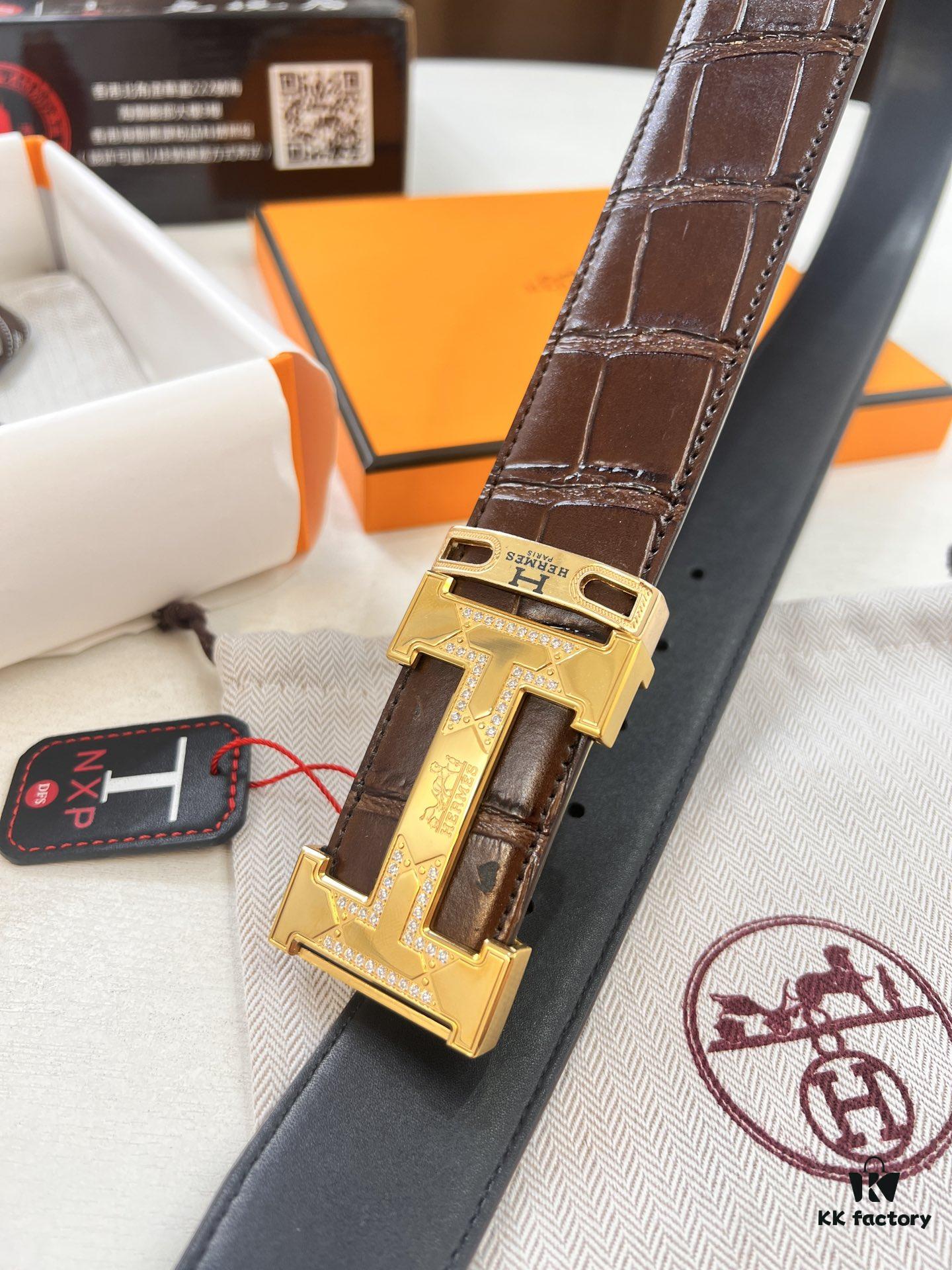 693201553a89a121ed550584 Hermès H Belt, Stainless Steel Inlaid H Buckle, Genuine Crocodile Pattern Top Layer Cowhide, 3.8cm Width, Official Website Style, Premium Quality