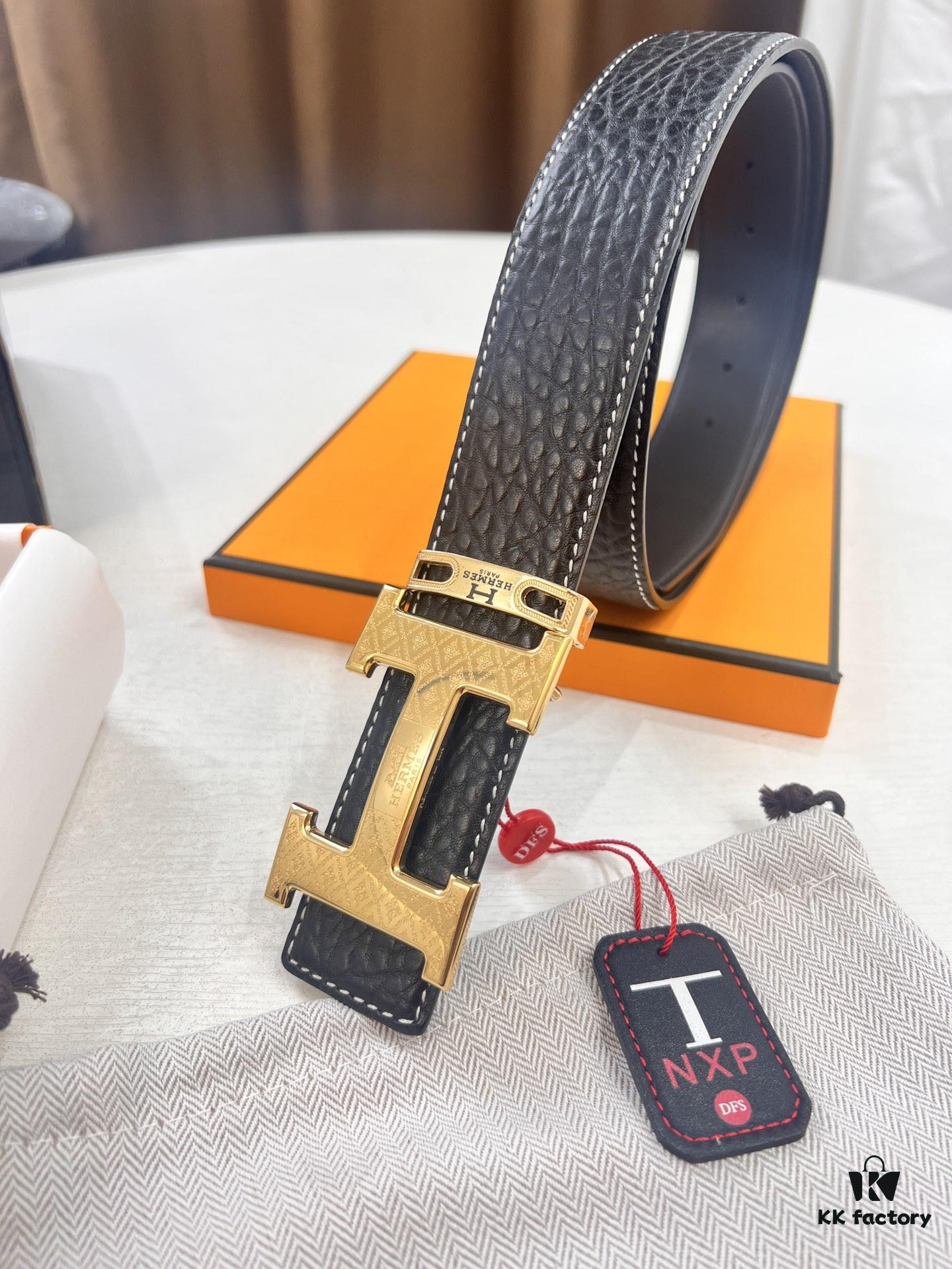 693201563a89a121ed550591 Arrival of Hermès Men's Belt, New H-Letter Interior Buckle, Dual-Sided Use, Imported Elephant Grain Full-Grain Calfskin, 3.8cm Width, Top Quality with NXP Chip Anti-Counterfeit Packaging