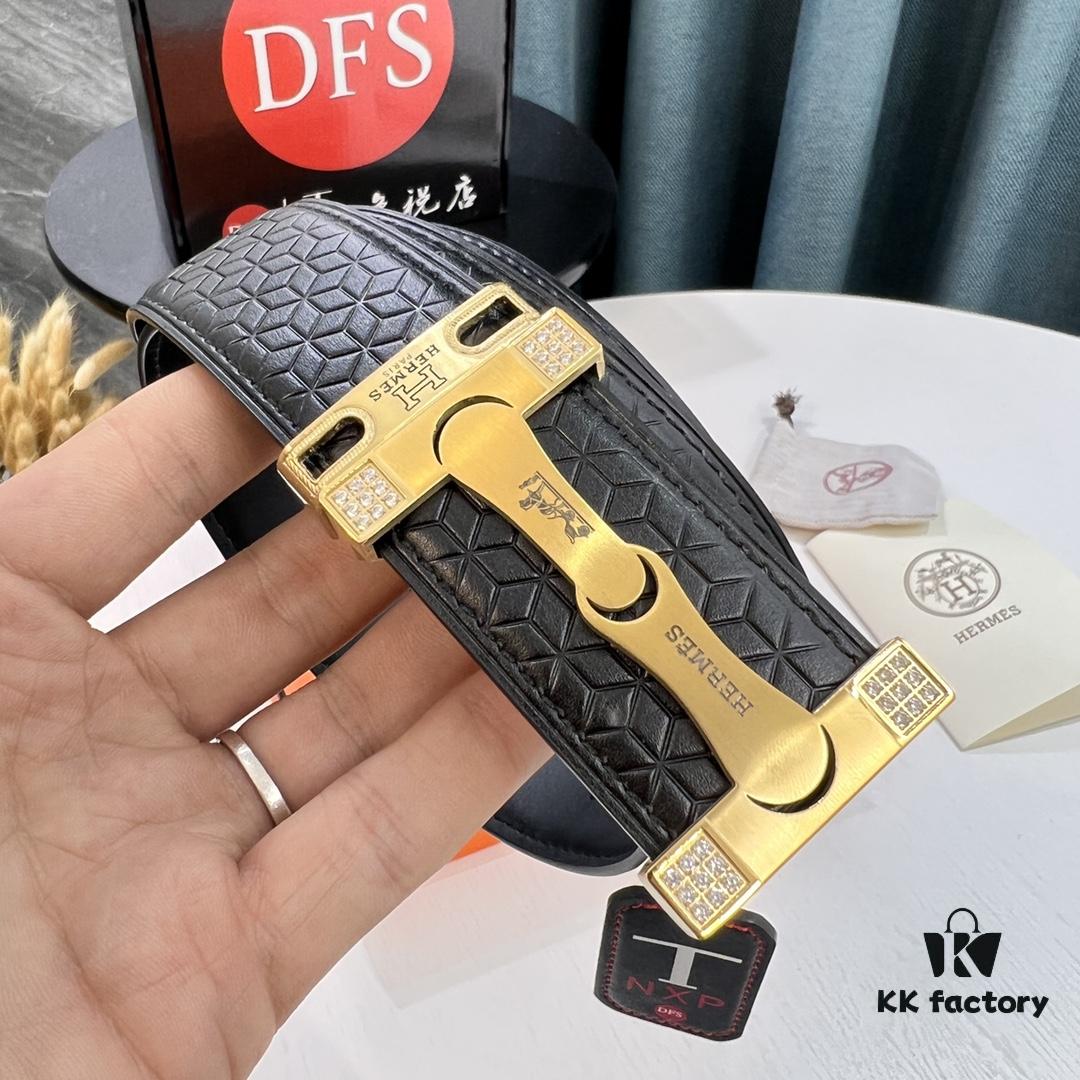 693201633a89a121ed550631 Hermès Men's Belt - Genuine Top-Layer Calfskin with Diamond-Paved Letters, Stainless Steel Hardware, 3.8cm Width