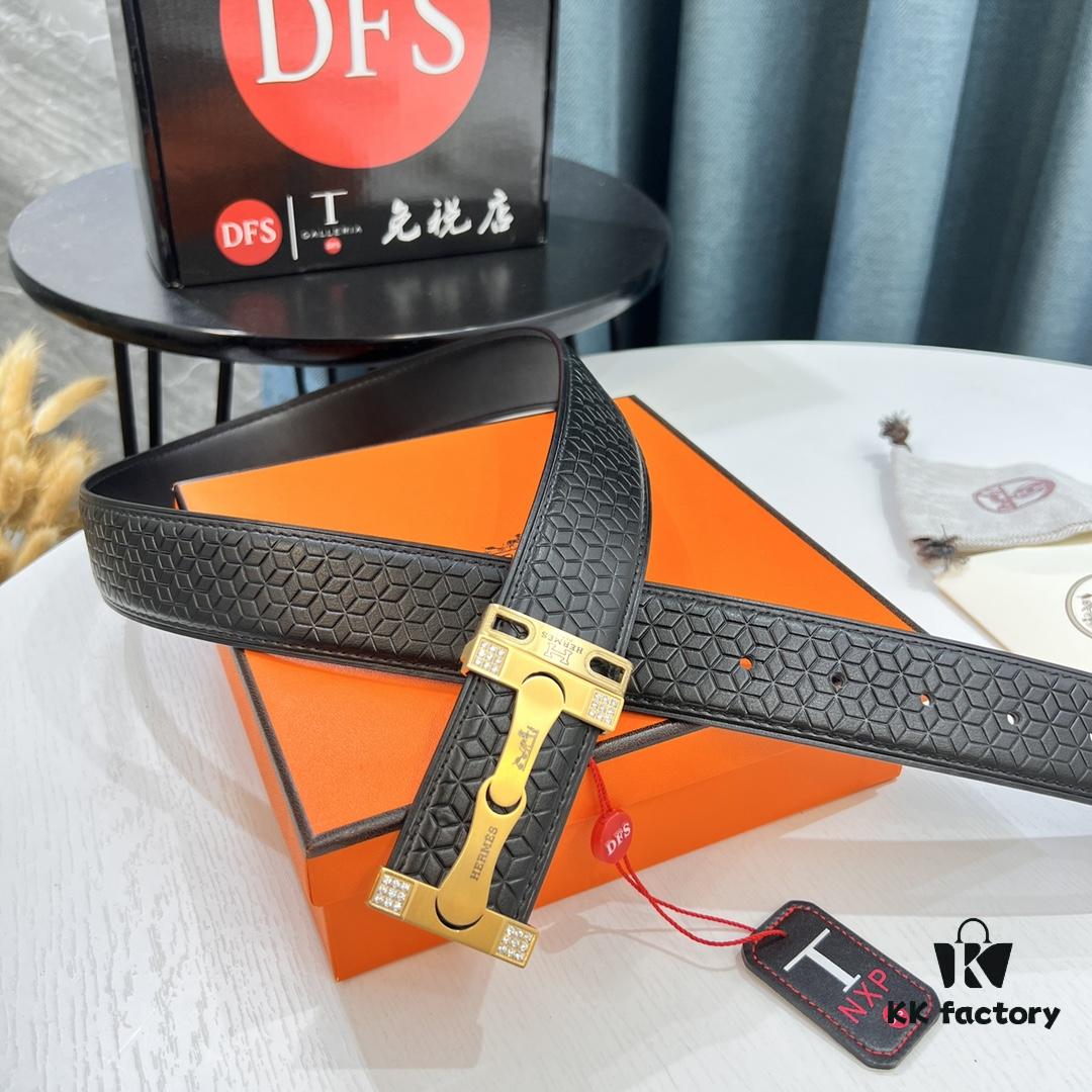 693201633a89a121ed550634 Hermès Men's Belt - Genuine Top-Layer Calfskin with Diamond-Paved Letters, Stainless Steel Hardware, 3.8cm Width