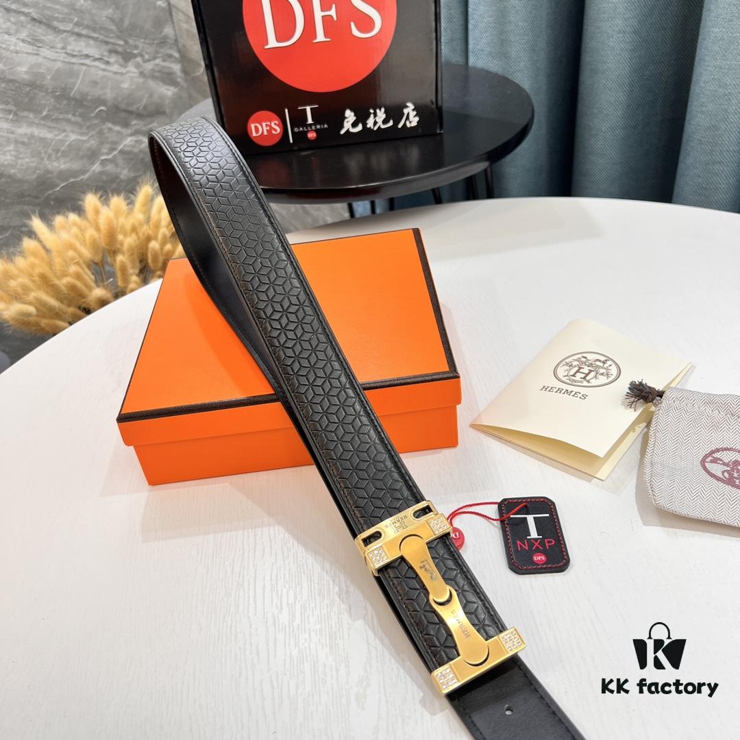 693201633a89a121ed550635 Hermès Men's Belt - Genuine Top-Layer Calfskin with Diamond-Paved Letters, Stainless Steel Hardware, 3.8cm Width