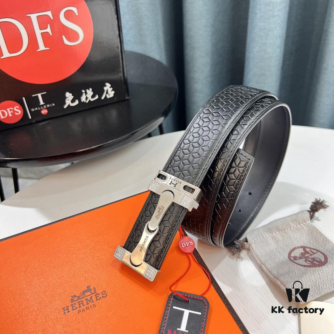 693201633a89a121ed550638 Hermès (Men's) Belt, Genuine Top-Layer Cowhide with Diamond-Paved Letters, Stainless Steel Hardware, 3.8cm Width