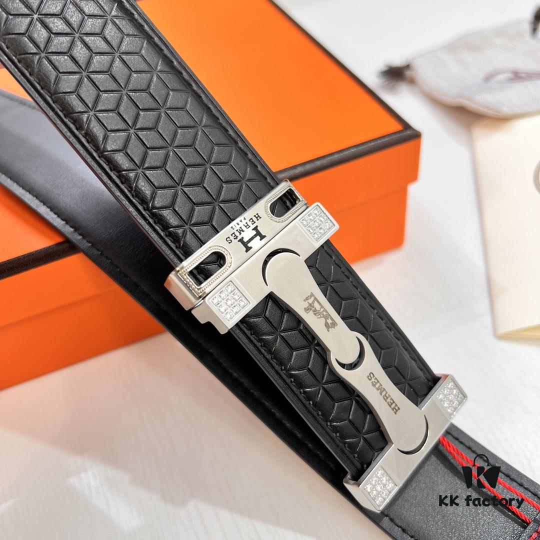 693201633a89a121ed550639 Hermès (Men's) Belt, Genuine Top-Layer Cowhide with Diamond-Paved Letters, Stainless Steel Hardware, 3.8cm Width