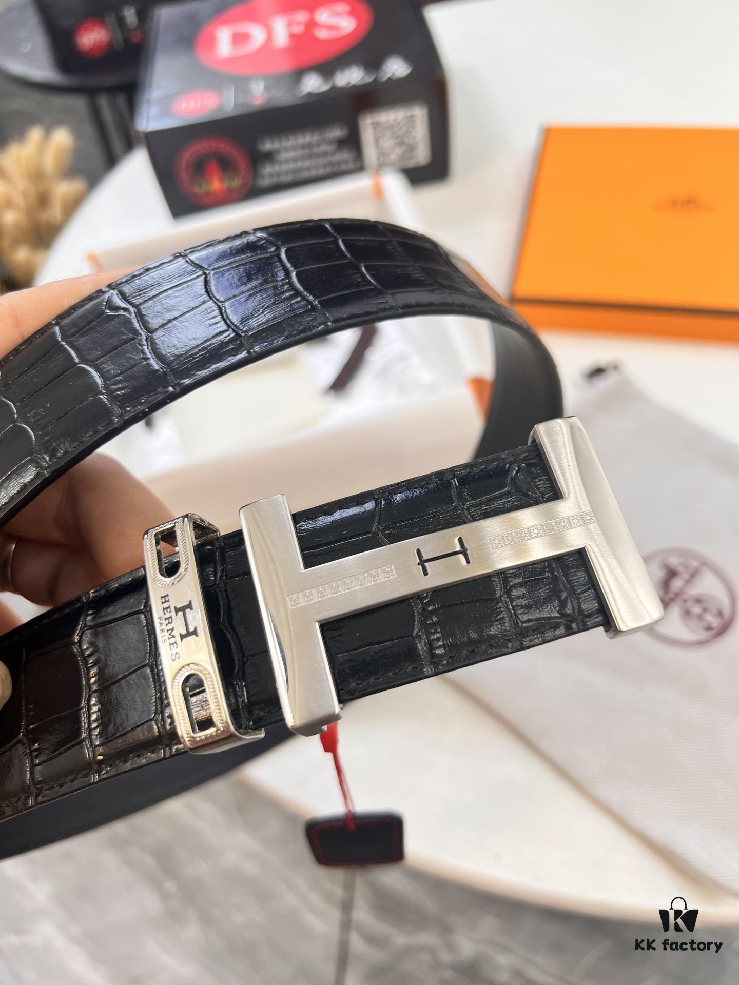 693201643a89a121ed550646 Hermès Men's Belt, Crocodile Grain Top Layer Leather with H Embossing, Double-Sided Wear, 3.8cm Width, Stainless Steel Hardware