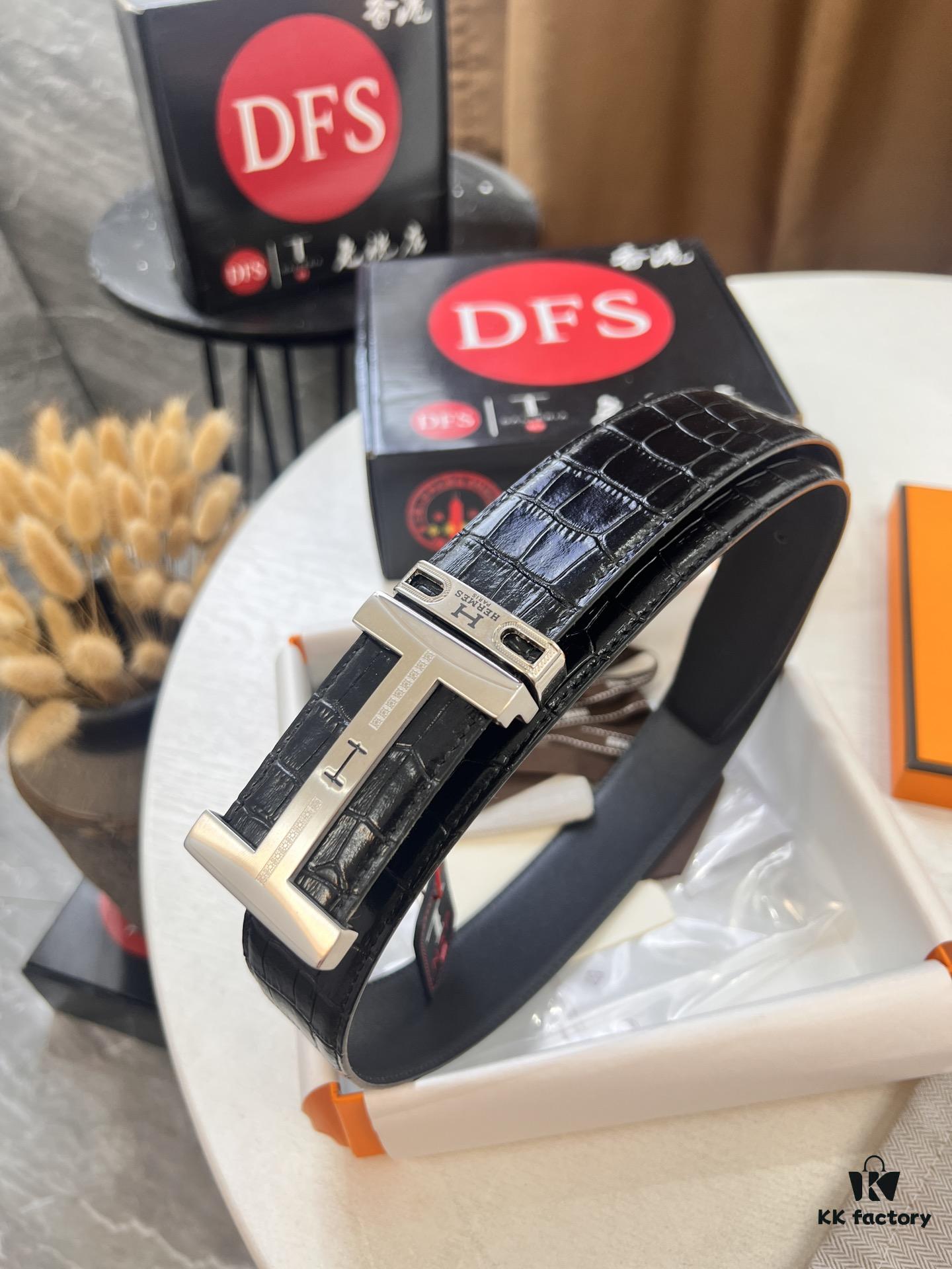 693201653a89a121ed550648 Hermès Men's Belt, Crocodile Grain Top Layer Leather with H Embossing, Double-Sided Wear, 3.8cm Width, Stainless Steel Hardware