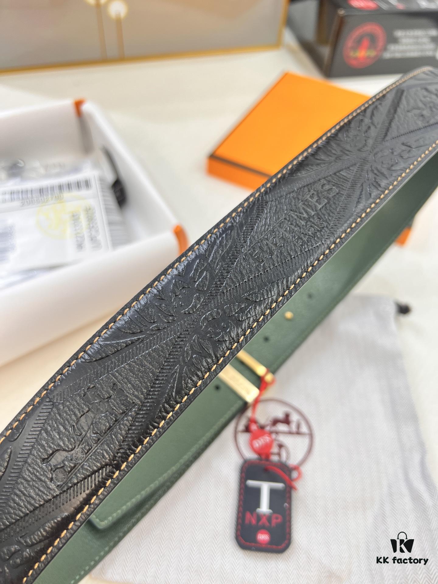 693201653a89a121ed55064c Hermès Men's Belt, New H-Logo Inside Buckle, Imported Embossed Top-Grade Calf Leather, Green Crocodile Texture, 3.8cm Width, ZP Synchronized Steel Stamp Logo
