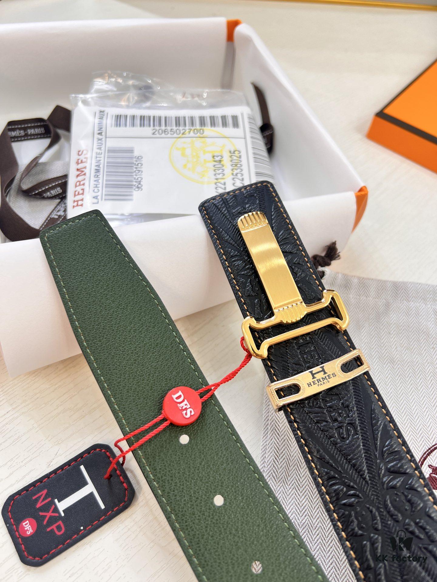 693201653a89a121ed55064d Hermès Men's Belt, New H-Logo Inside Buckle, Imported Embossed Top-Grade Calf Leather, Green Crocodile Texture, 3.8cm Width, ZP Synchronized Steel Stamp Logo