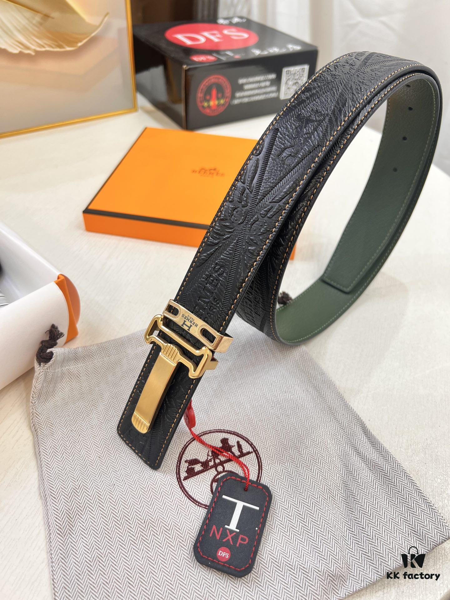 693201653a89a121ed55064e Hermès Men's Belt, New H-Logo Inside Buckle, Imported Embossed Top-Grade Calf Leather, Green Crocodile Texture, 3.8cm Width, ZP Synchronized Steel Stamp Logo