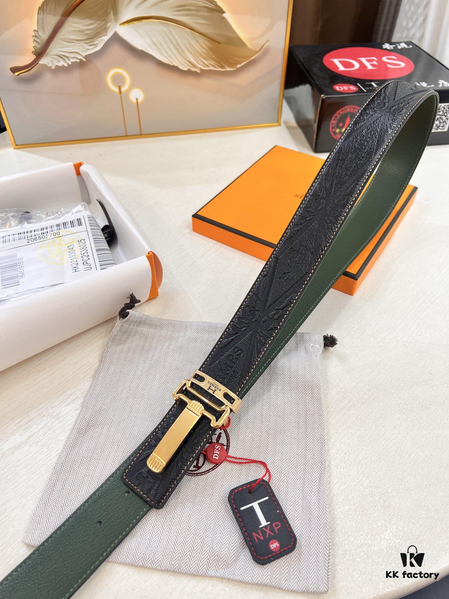 693201653a89a121ed550650 Hermès Men's Belt, New H-Logo Inside Buckle, Imported Embossed Top-Grade Calf Leather, Green Crocodile Texture, 3.8cm Width, ZP Synchronized Steel Stamp Logo
