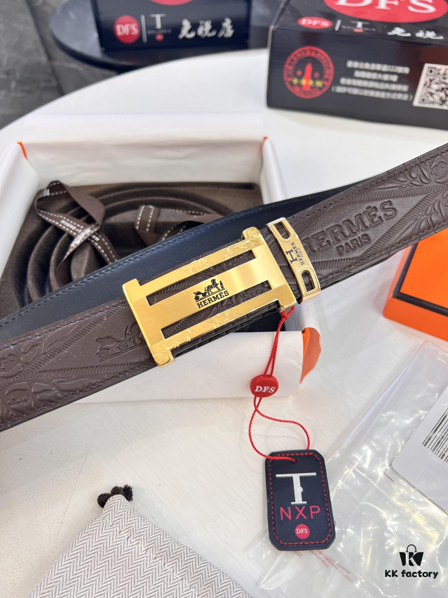 693201663a89a121ed55065a Hermès Men's Belt, Top Grain Calfskin with Engraved H Logo Buckle, 3.8cm Width, Adjustable Length, Original Imported Embossed Horse Head Design, Ideal Gift