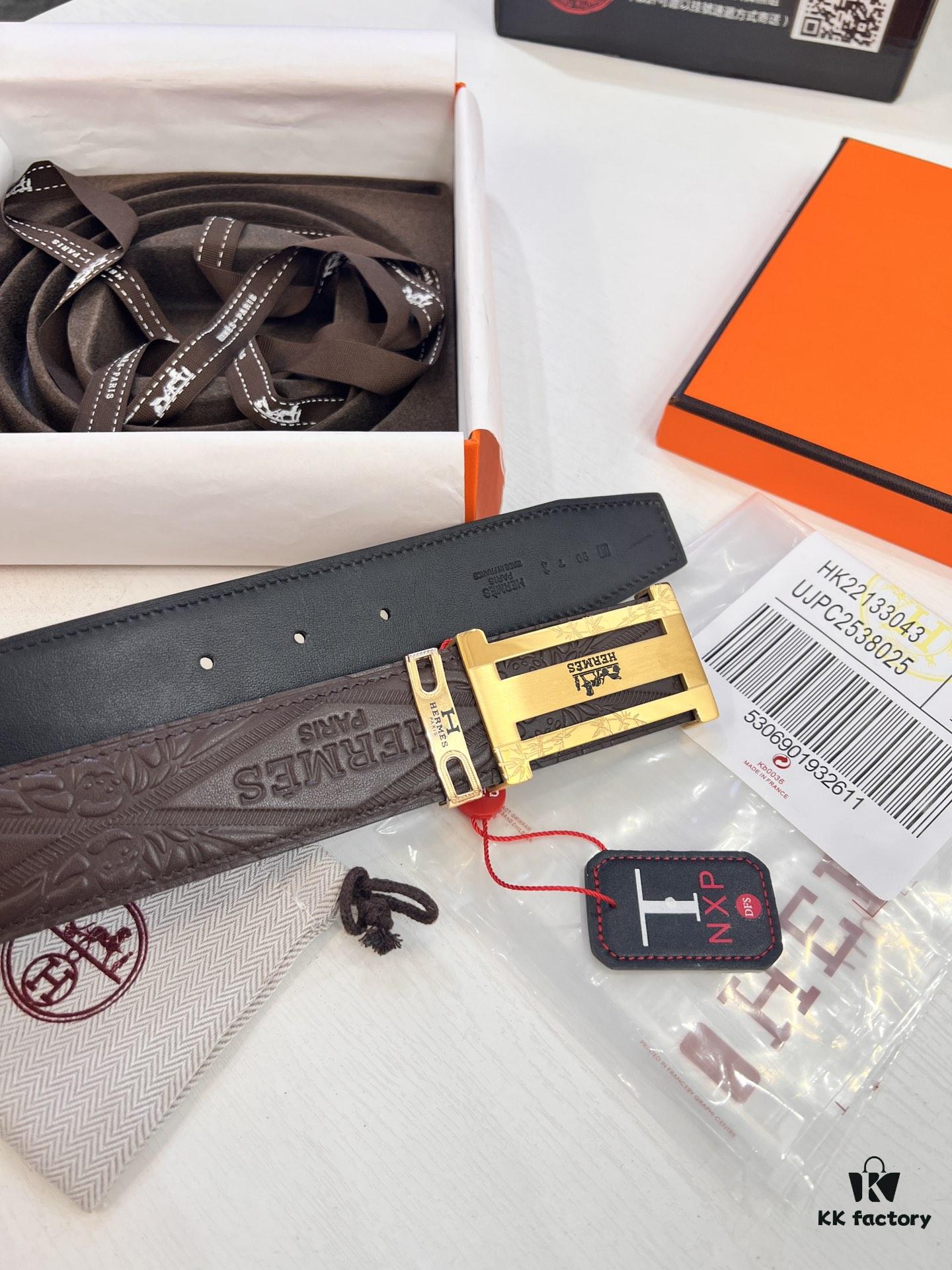 693201663a89a121ed55065b Hermès Men's Belt, Top Grain Calfskin with Engraved H Logo Buckle, 3.8cm Width, Adjustable Length, Original Imported Embossed Horse Head Design, Ideal Gift