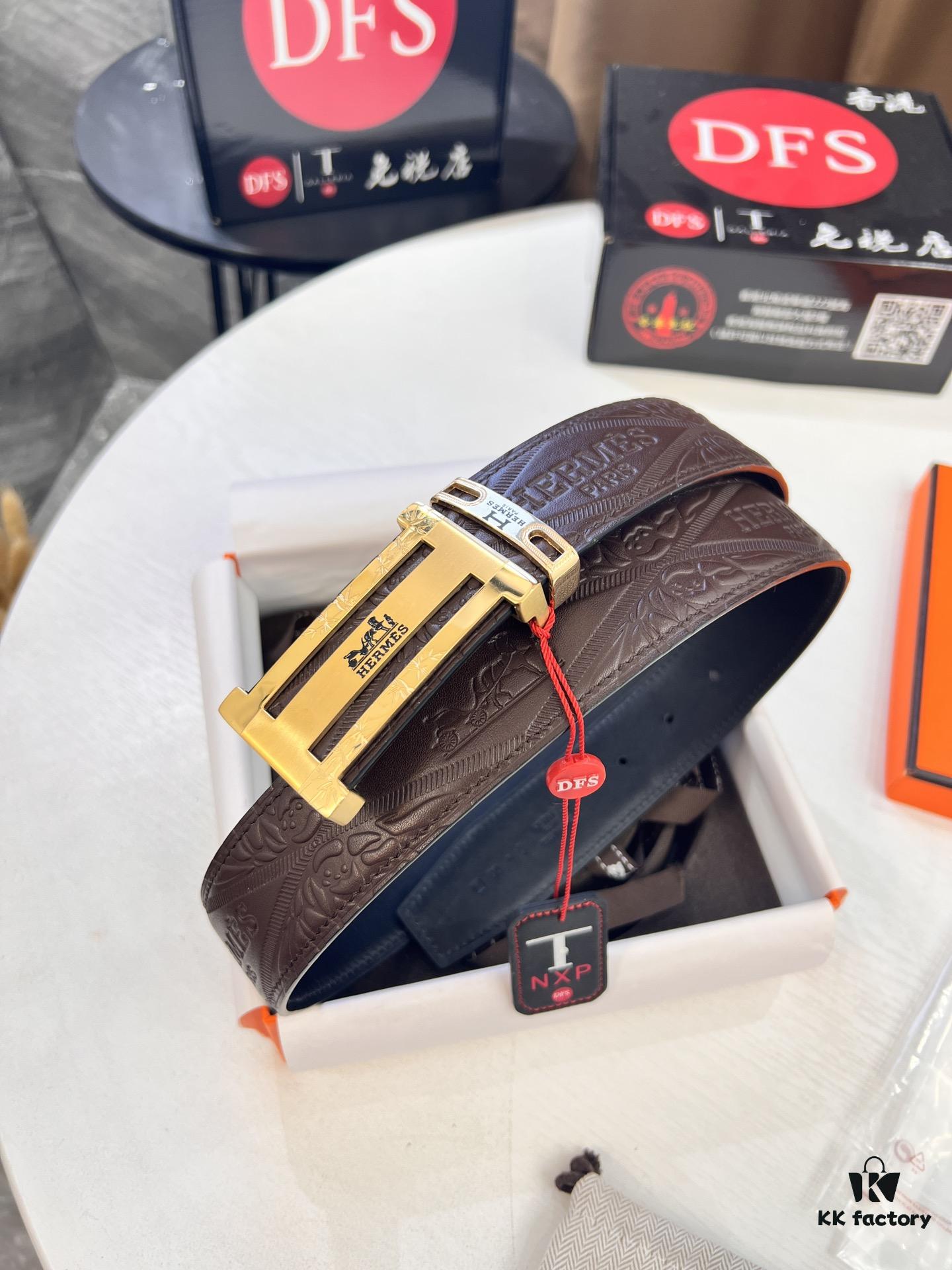 693201663a89a121ed55065c Hermès Men's Belt, Top Grain Calfskin with Engraved H Logo Buckle, 3.8cm Width, Adjustable Length, Original Imported Embossed Horse Head Design, Ideal Gift