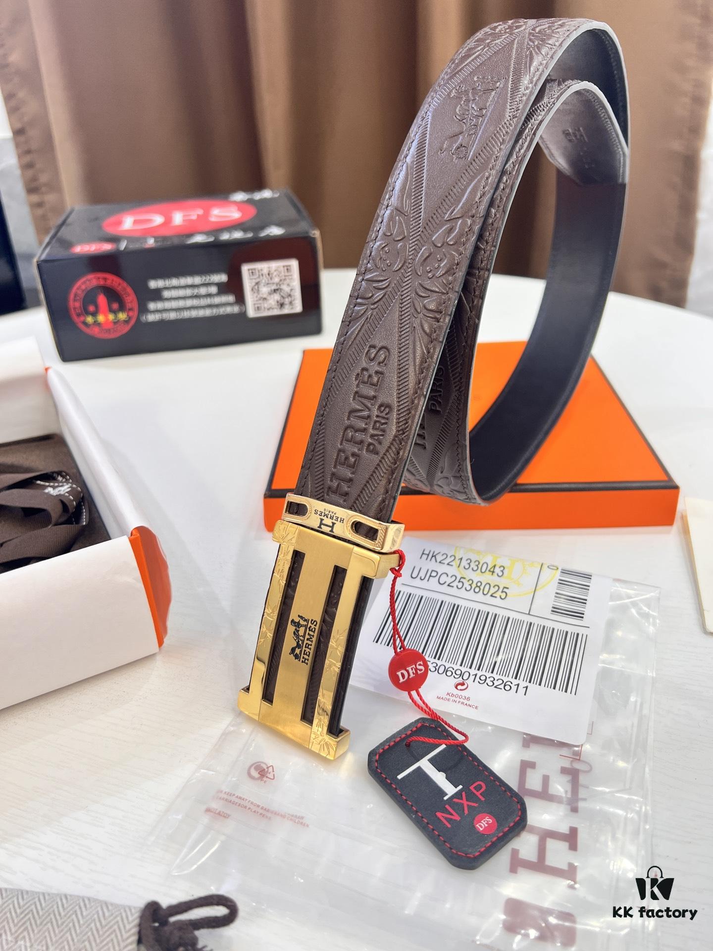 693201663a89a121ed55065d Hermès Men's Belt, Top Grain Calfskin with Engraved H Logo Buckle, 3.8cm Width, Adjustable Length, Original Imported Embossed Horse Head Design, Ideal Gift