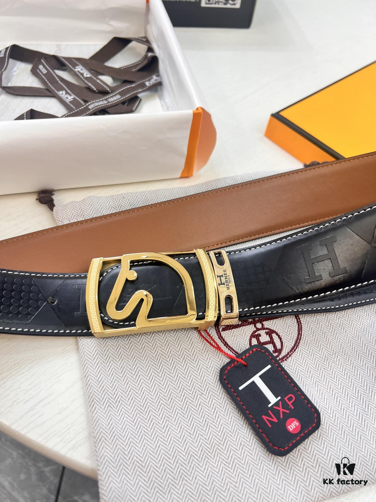 693201683a89a121ed55066f Hermès Men's Belt, Top Grain Cowhide with Engraved Metal Buckle, 3.8cm Width, Tan Color, Adjustable Length