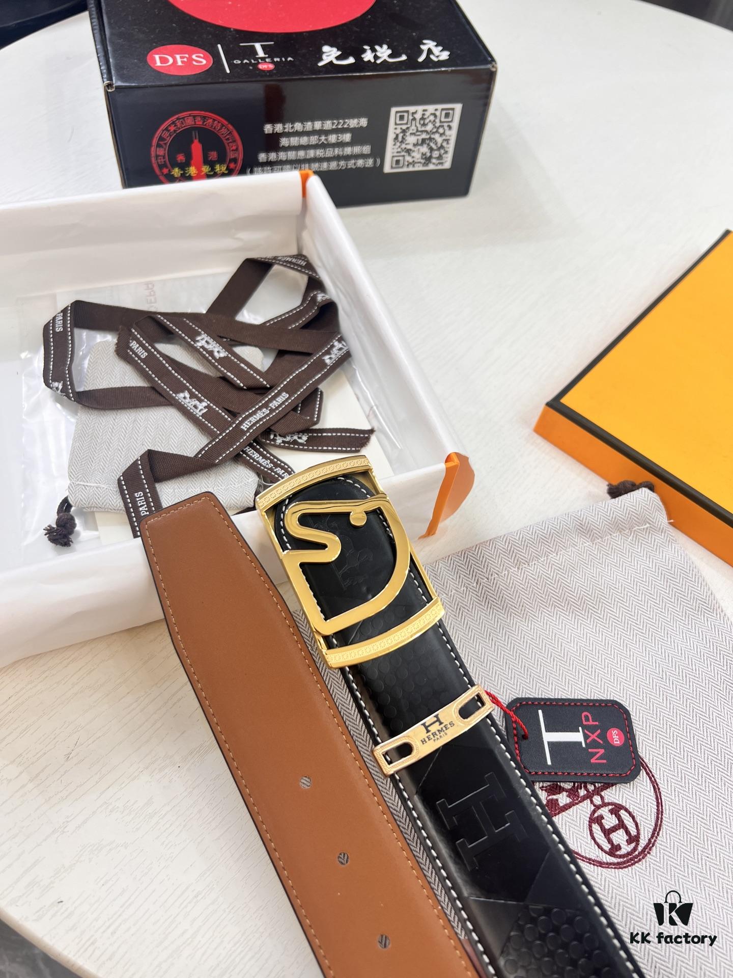 693201683a89a121ed550670 Hermès Men's Belt, Top Grain Cowhide with Engraved Metal Buckle, 3.8cm Width, Tan Color, Adjustable Length