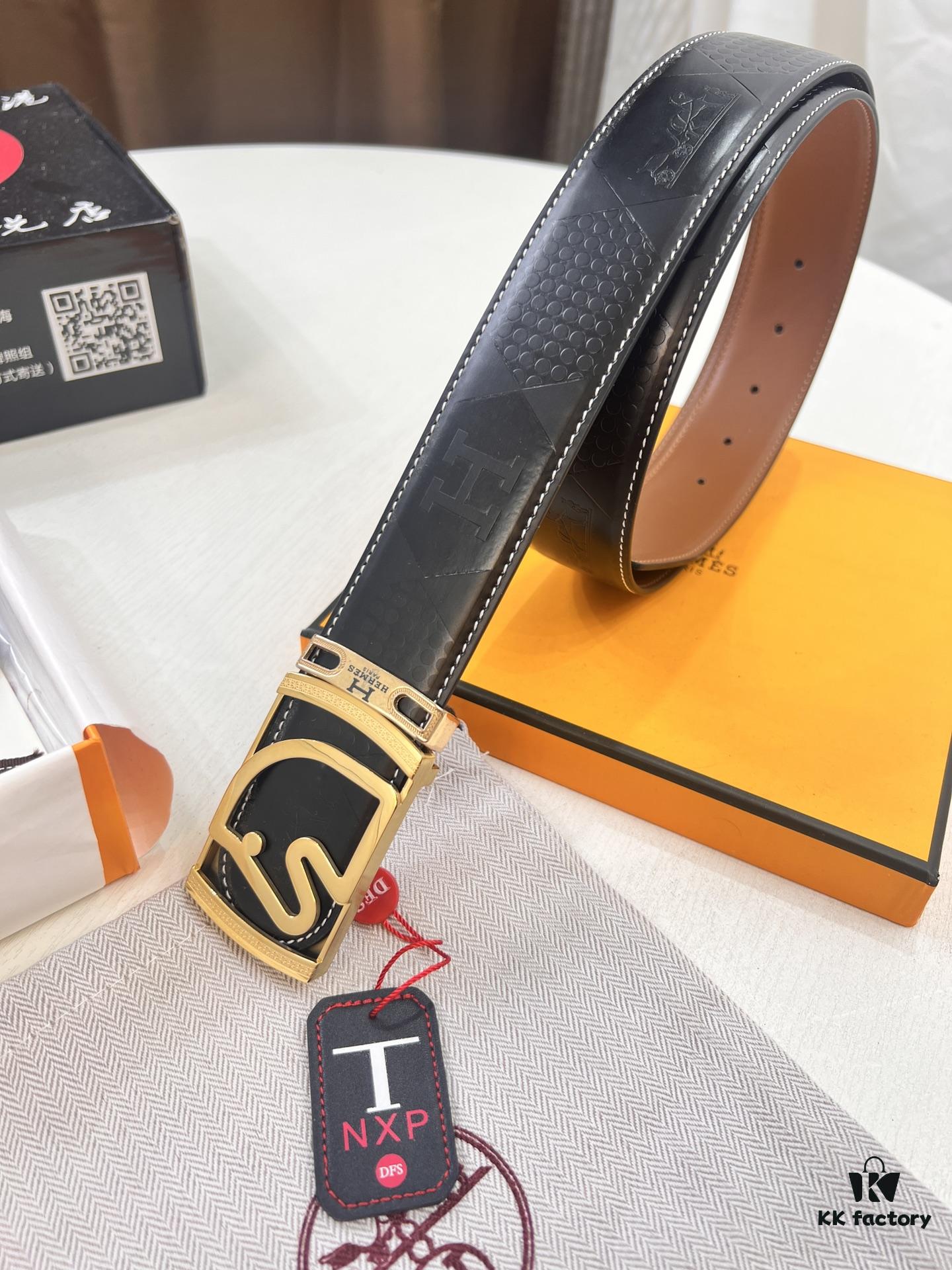 693201683a89a121ed550672 Hermès Men's Belt, Top Grain Cowhide with Engraved Metal Buckle, 3.8cm Width, Tan Color, Adjustable Length