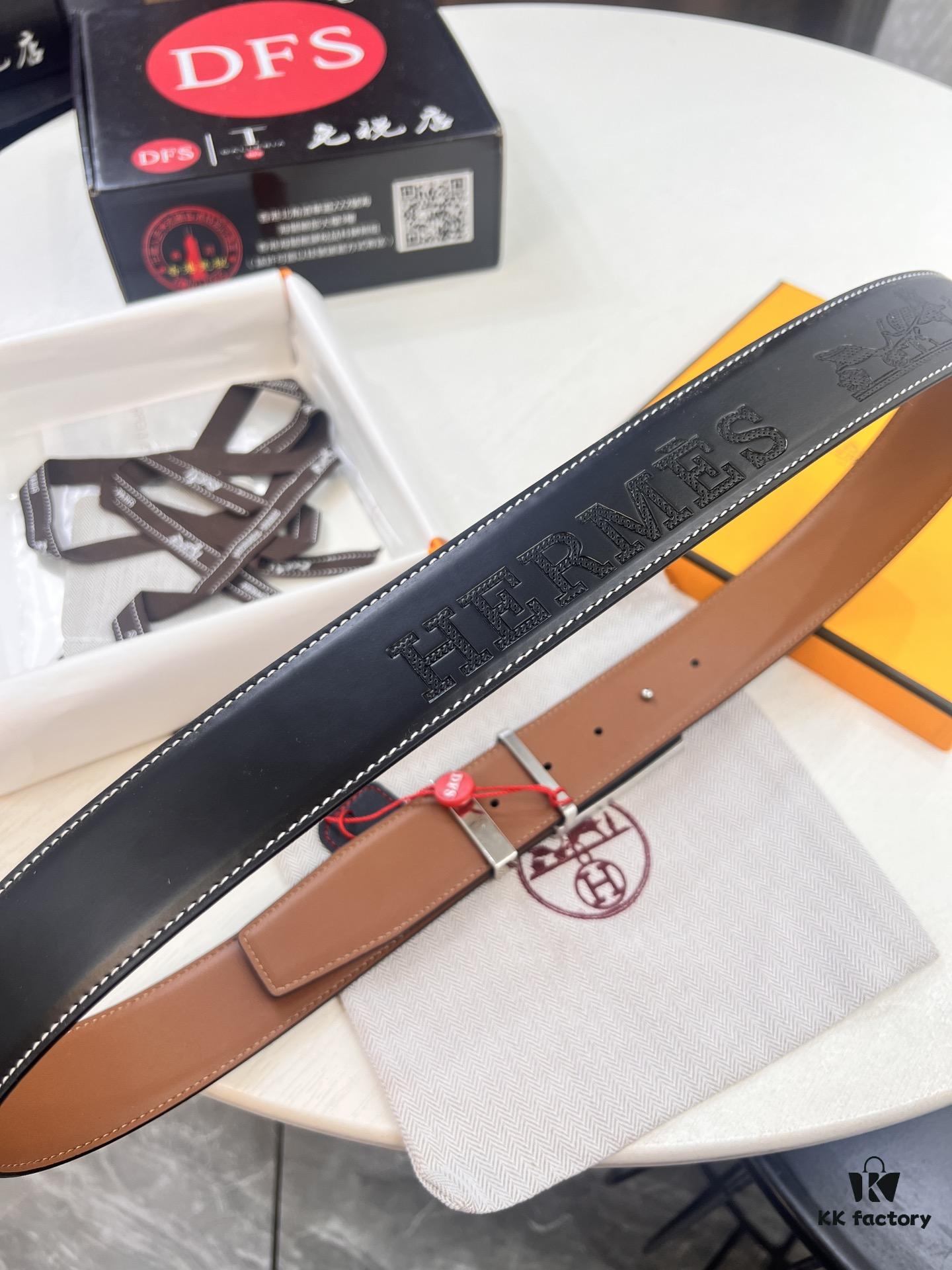 693201683a89a121ed550676 Hermès Men's Belt, Top Grain Calfskin with Engraved Buckle, 3.8cm Width, Adjustable Length, Original Imported Embossed Horse-Drawn Carriage Design