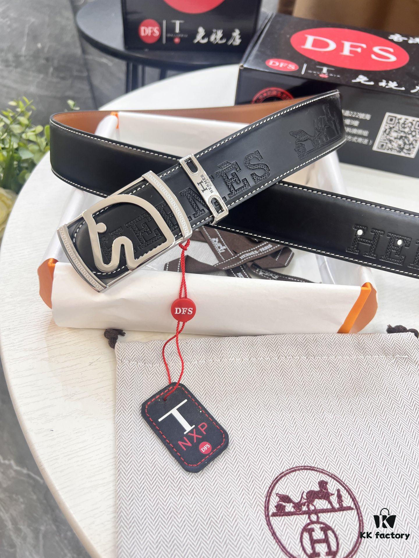 693201683a89a121ed55067a Hermès Men's Belt, Top Grain Calfskin with Engraved Buckle, 3.8cm Width, Adjustable Length, Original Imported Embossed Horse-Drawn Carriage Design
