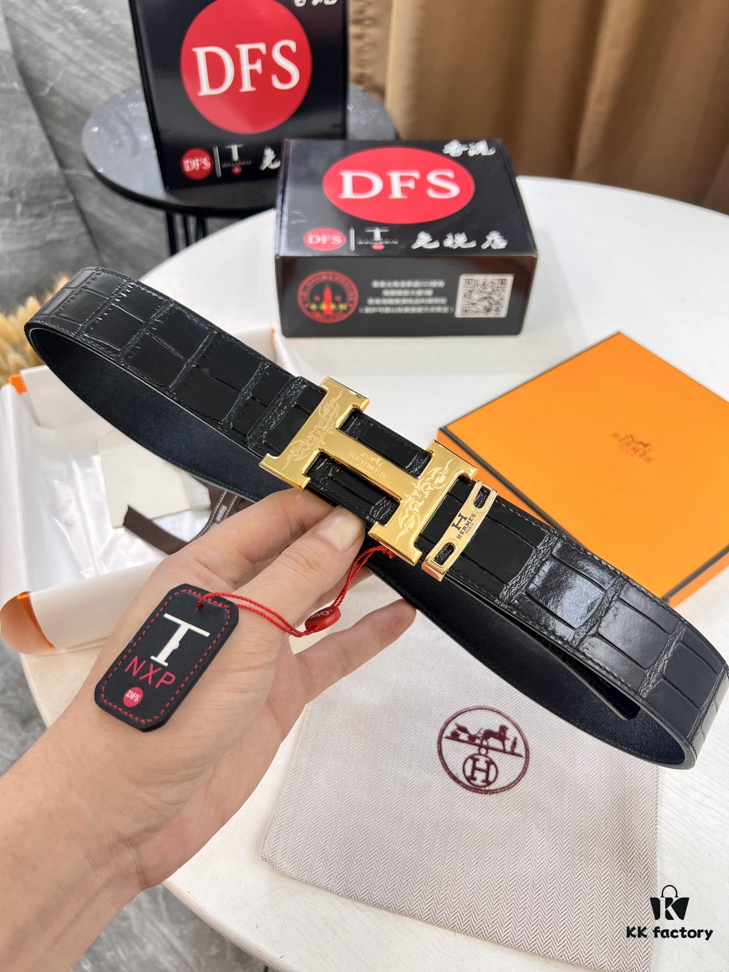 693201693a89a121ed55067c Hermès Men's Belt, Genuine Top-Layer Crocodile-Textured Leather, Slim Design, 3.8cm Width, Stainless Steel Hardware, Reversible Wear, Gift-Ready