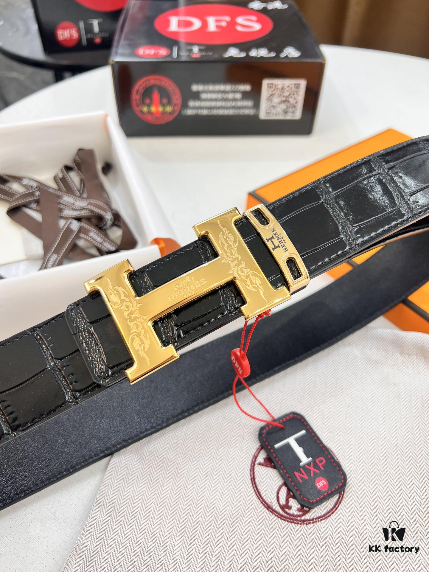 693201693a89a121ed55067d Hermès Men's Belt, Genuine Top-Layer Crocodile-Textured Leather, Slim Design, 3.8cm Width, Stainless Steel Hardware, Reversible Wear, Gift-Ready