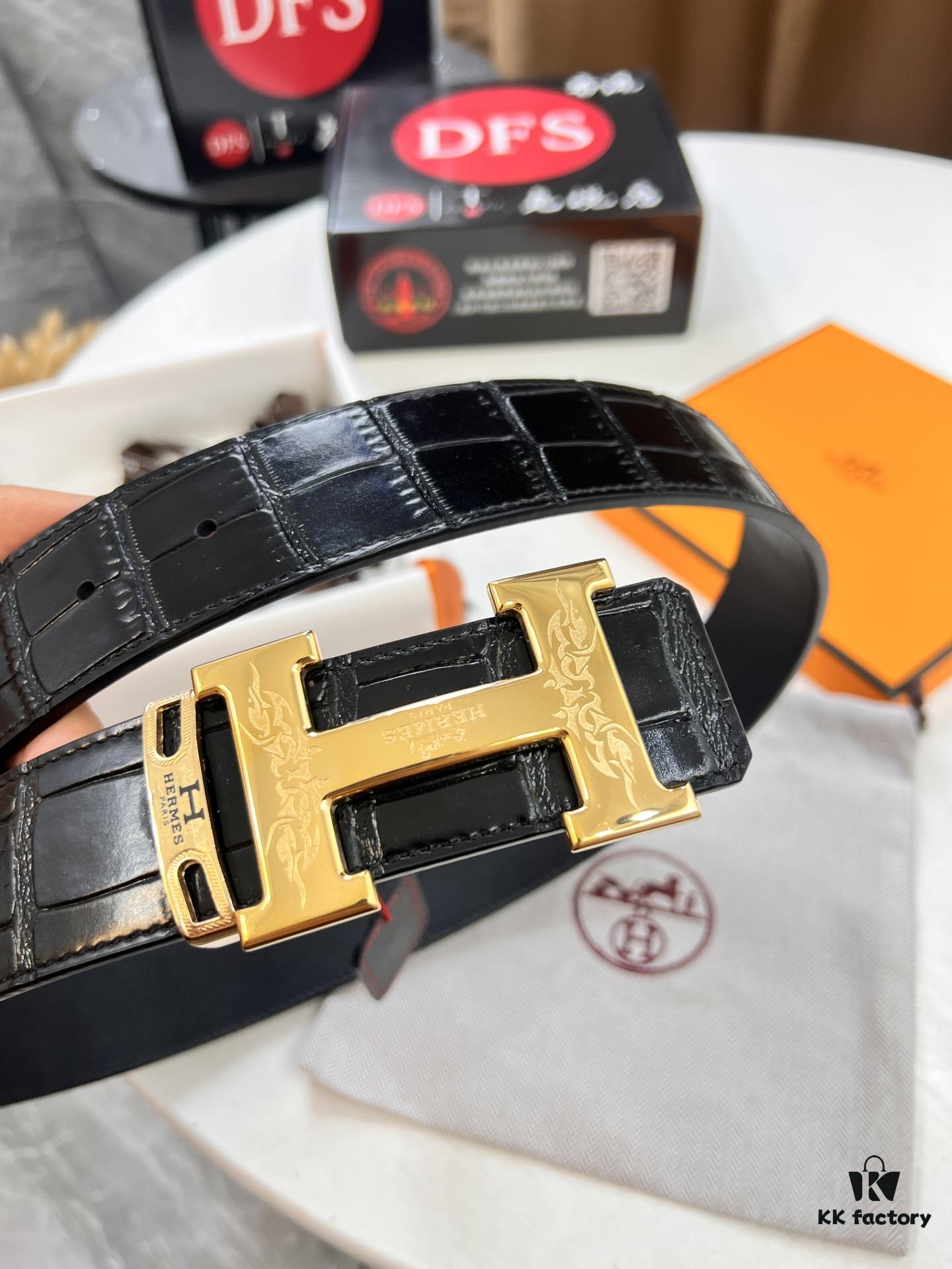 693201693a89a121ed55067e Hermès Men's Belt, Genuine Top-Layer Crocodile-Textured Leather, Slim Design, 3.8cm Width, Stainless Steel Hardware, Reversible Wear, Gift-Ready