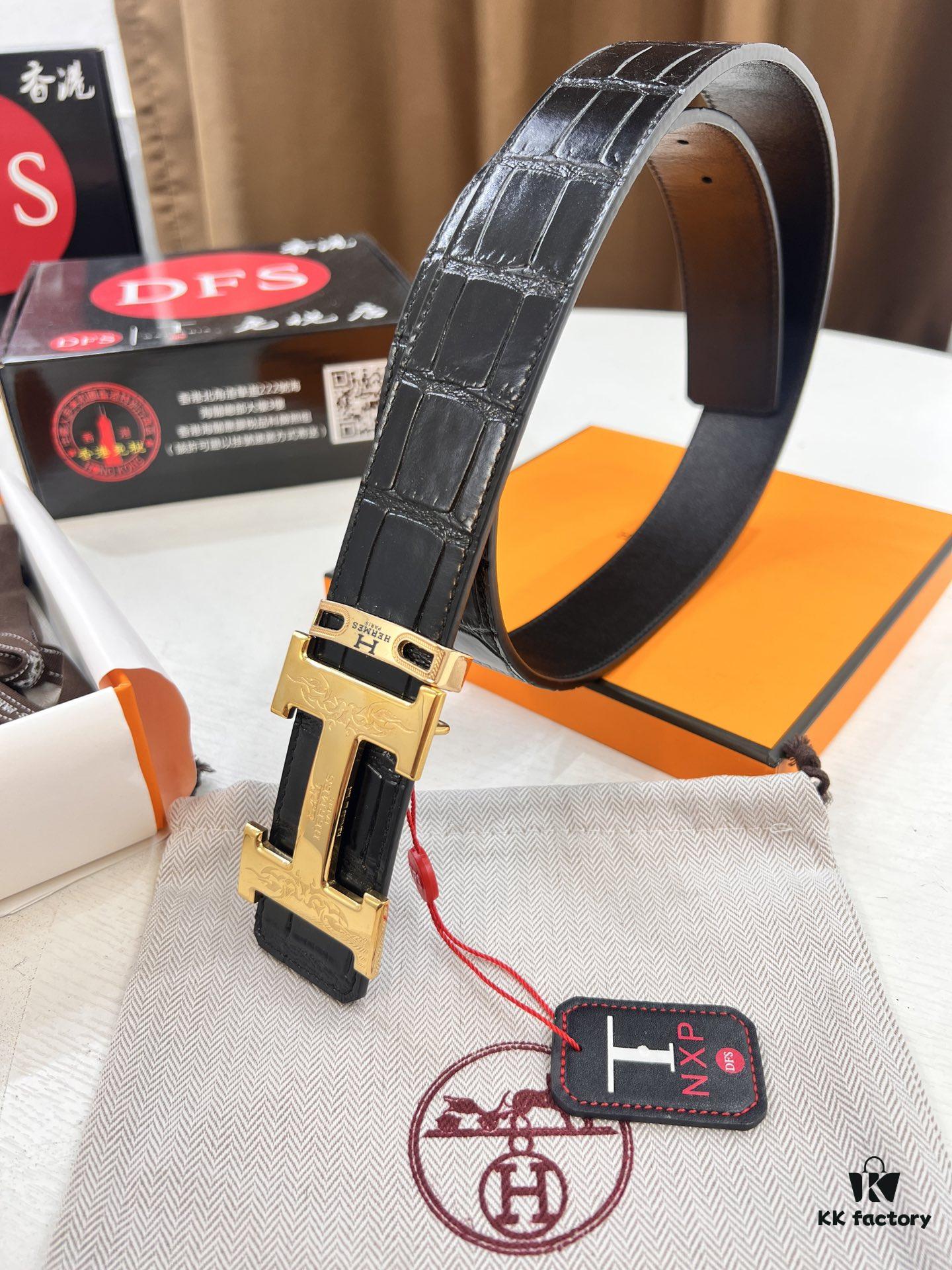 693201693a89a121ed550680 Hermès Men's Belt, Genuine Top-Layer Crocodile-Textured Leather, Slim Design, 3.8cm Width, Stainless Steel Hardware, Reversible Wear, Gift-Ready