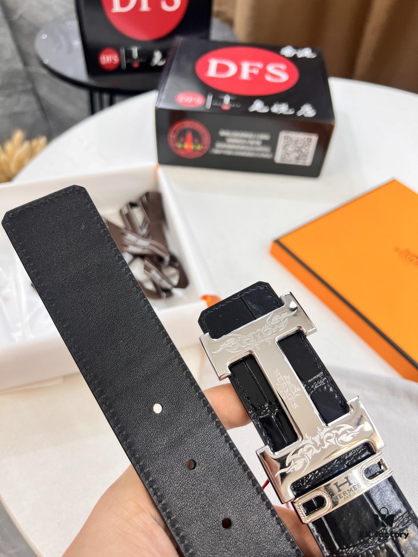Hermès Men's Belt, Genuine Top-Layer Calfskin with Crocodile Texture, 3.8cm Width, Adjustable Length, Double-Sided Usage, Stainless Steel Hardware, Official Website Verified, Ideal Gift