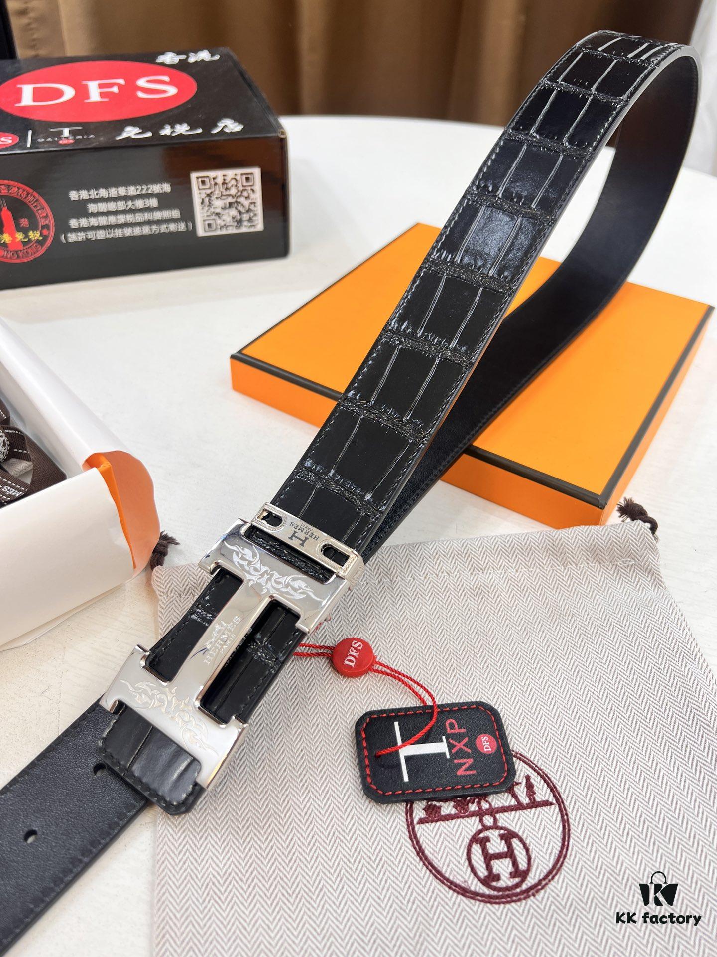 Hermès Men's Belt, Genuine Top-Layer Calfskin with Crocodile Texture, 3.8cm Width, Adjustable Length, Double-Sided Usage, Stainless Steel Hardware, Official Website Verified, Ideal Gift