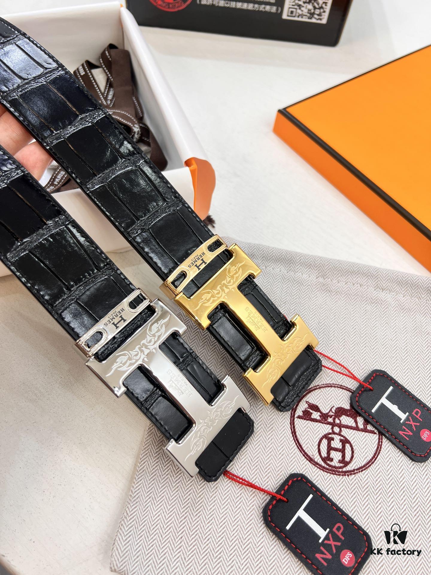 Hermès Men's Belt, Genuine Top-Layer Calfskin with Crocodile Texture, 3.8cm Width, Adjustable Length, Double-Sided Usage, Stainless Steel Hardware, Official Website Verified, Ideal Gift