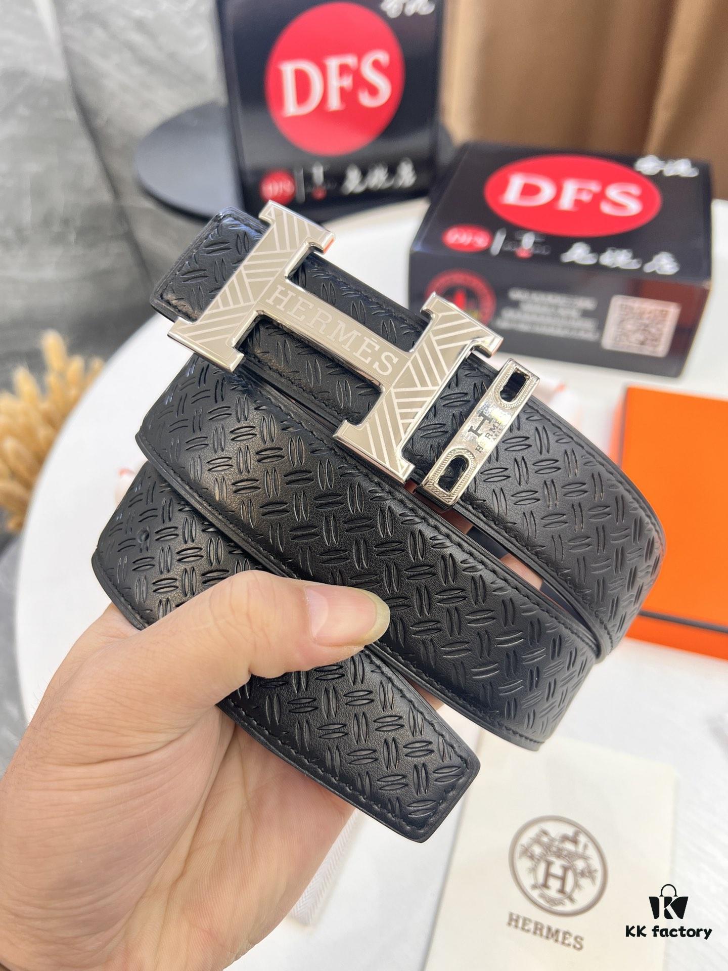 6932016a3a89a121ed55068c Hermès Men's Belt, Top Grain Calfskin Leather with Engraved H Logo Buckle, 3.8cm Width, Adjustable Length, Sterling Silver Hardware, Ideal Gift