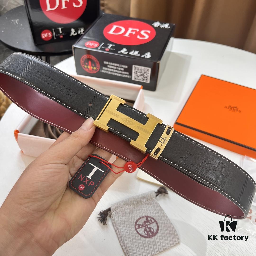 6932016b3a89a121ed550698 Hermès Men's Belt, Top Grain Calfskin with Engraved Buckle, 3.8cm Width, Wine Red Fine Texture, Adjustable Length, Original Imported Embossed Horse-Drawn Carriage Design