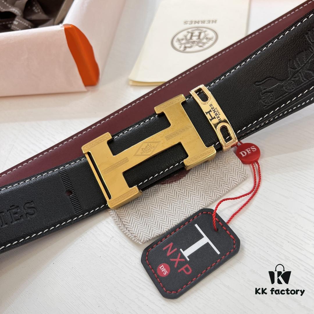 6932016b3a89a121ed550699 Hermès Men's Belt, Top Grain Calfskin with Engraved Buckle, 3.8cm Width, Wine Red Fine Texture, Adjustable Length, Original Imported Embossed Horse-Drawn Carriage Design