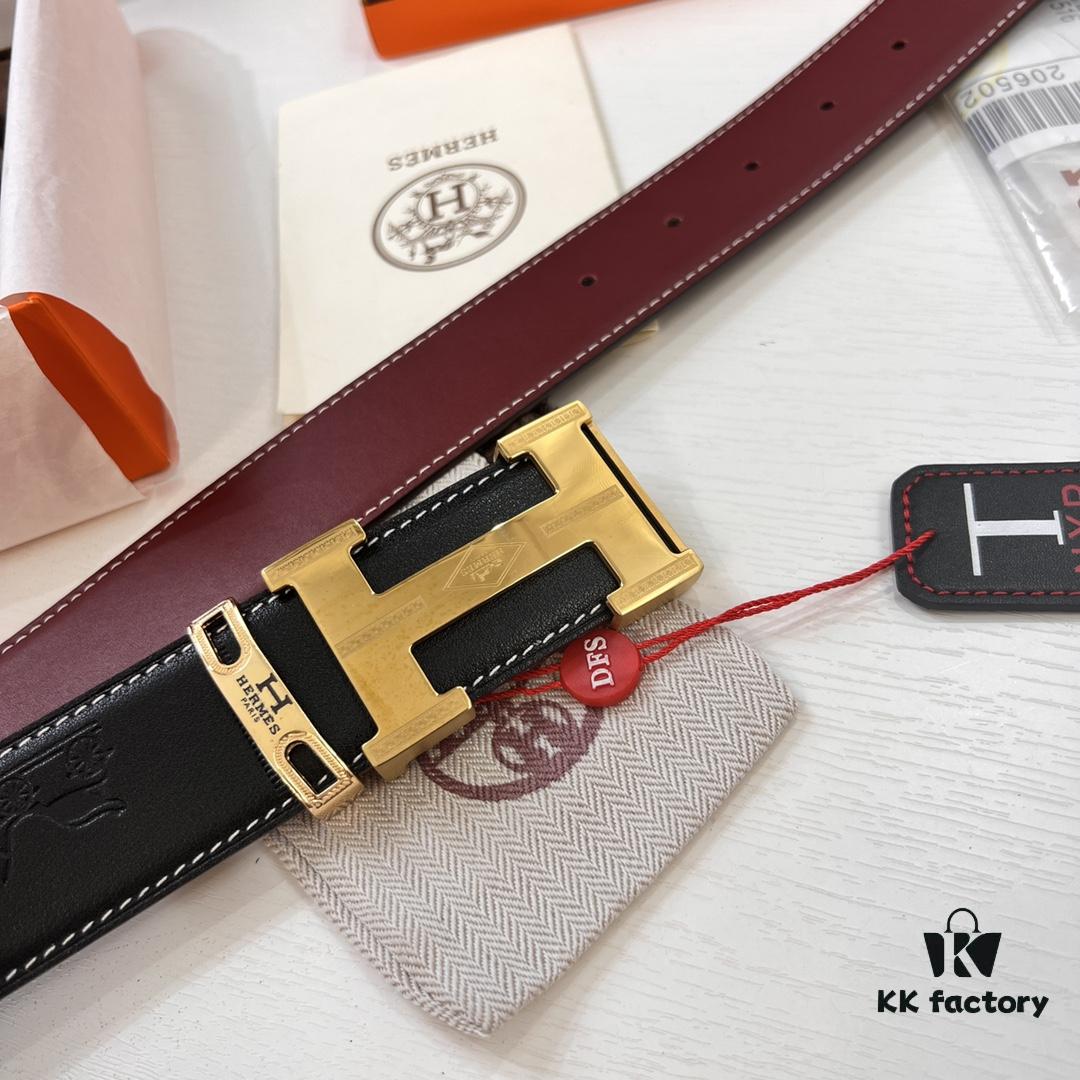 6932016b3a89a121ed55069b Hermès Men's Belt, Top Grain Calfskin with Engraved Buckle, 3.8cm Width, Wine Red Fine Texture, Adjustable Length, Original Imported Embossed Horse-Drawn Carriage Design