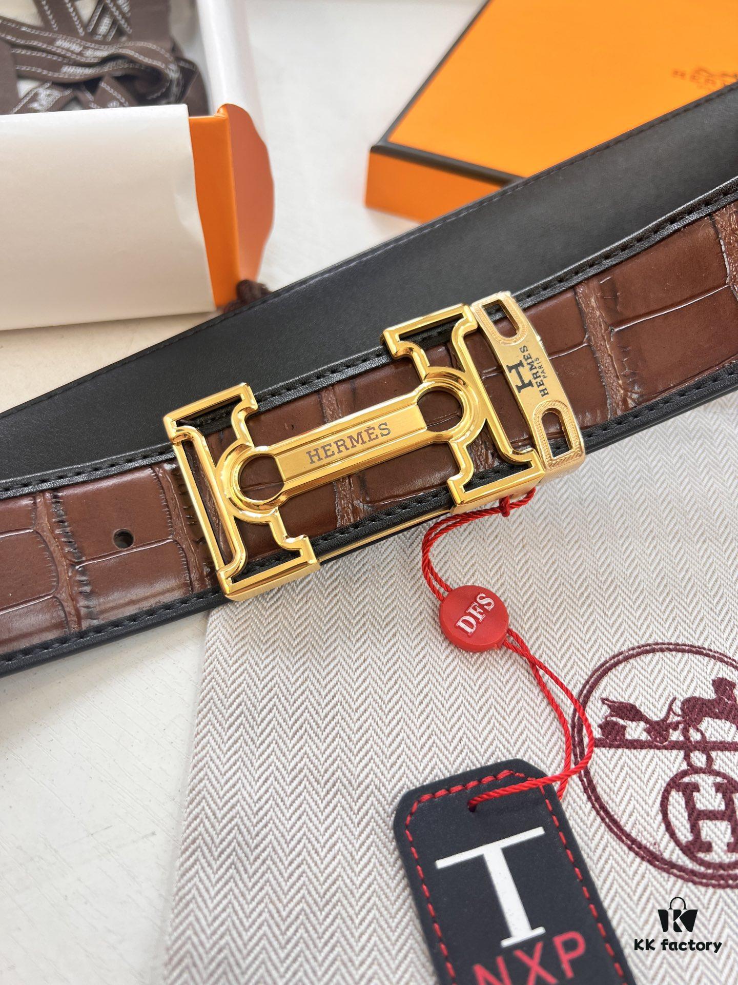 693201703a89a121ed5506db Hermès H Belt, New Arrival, Stainless Steel H Internal Buckle, Genuine Crocodile-Texture Top Layer Cowhide, 3.8cm Width, Premium Quality