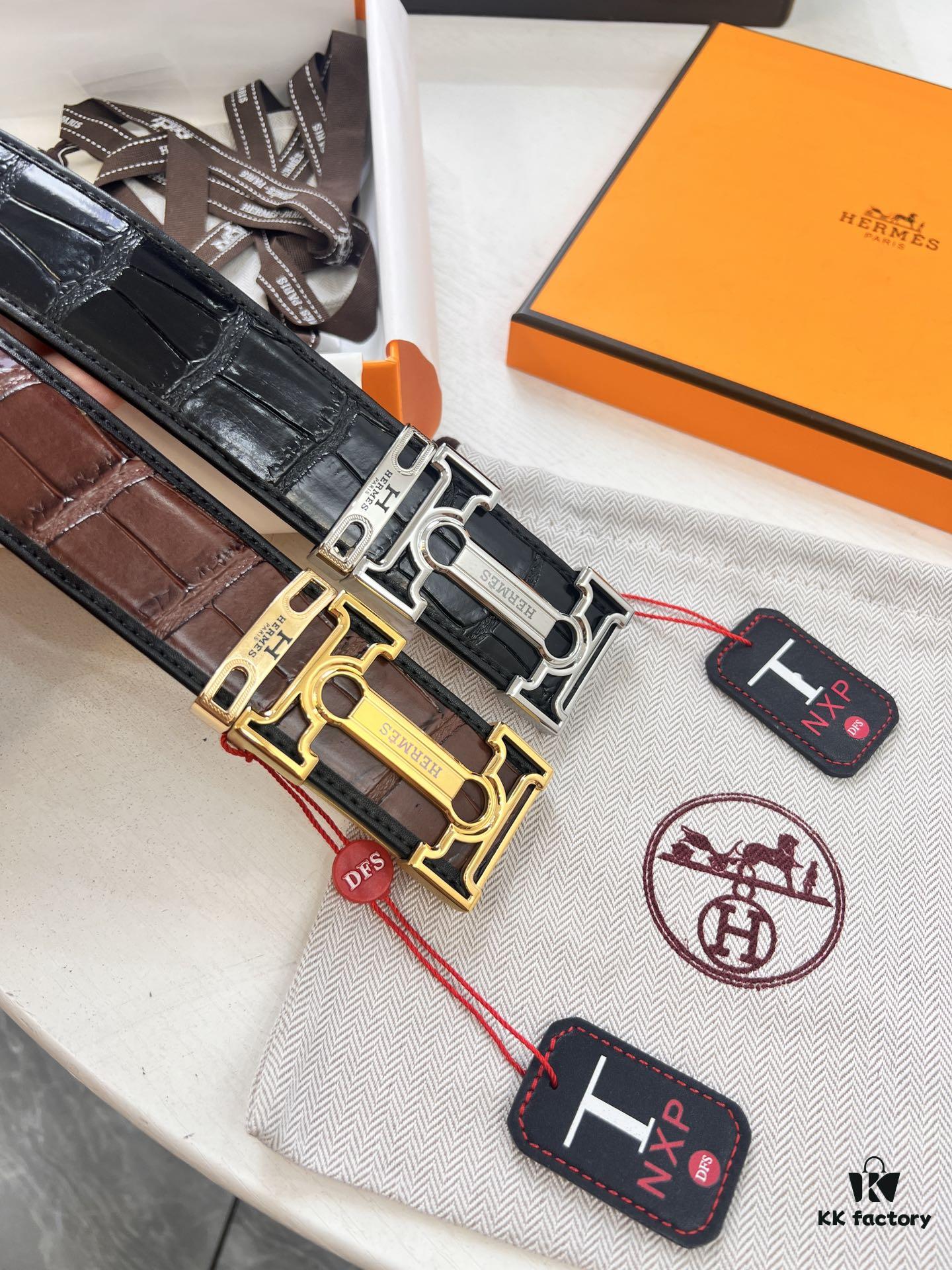 693201703a89a121ed5506e0 Hermès H Belt, New Arrival, Stainless Steel H Internal Buckle, Genuine Crocodile-Texture Top Layer Cowhide, 3.8cm Width, Premium Quality