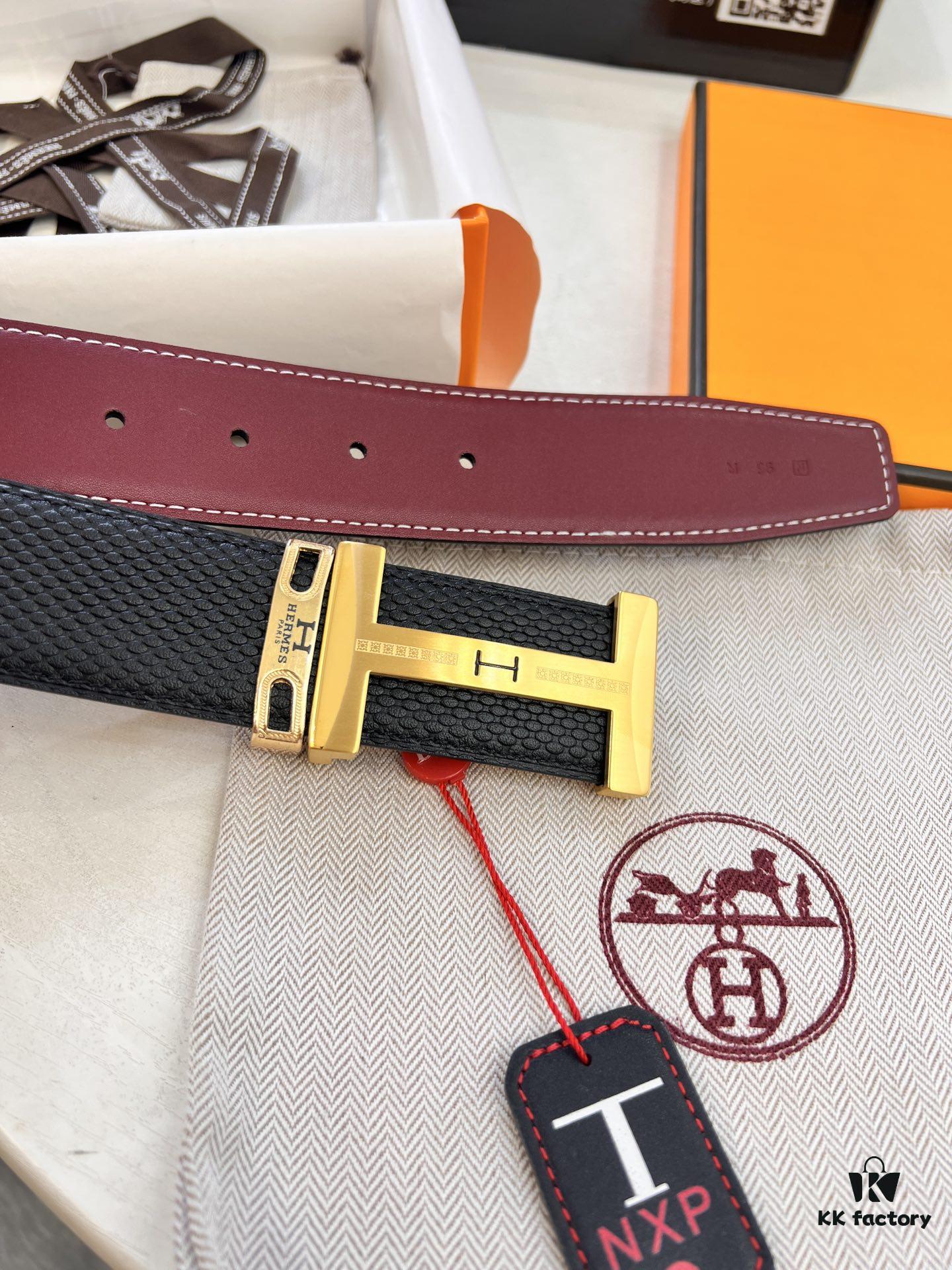 693201723a89a121ed5506f9 Hermès Men's Belt, Wine Red Fine-Grain Full-Grain Calfskin, 3.8cm Width, Original Imported Punching Head Leather, Stainless Steel H Buckle, Custom Length