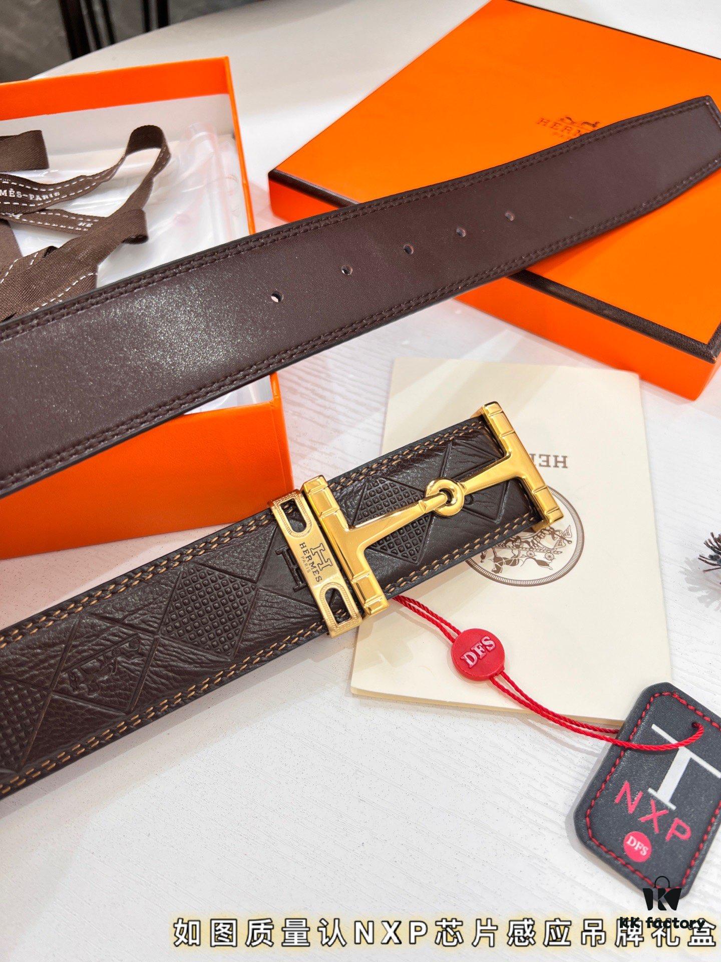 693201773a89a121ed550731 Hermès Men's Belt, Genuine Top-Layer Calfskin with Engraved Horse Carriage Embossing, 3.8cm Width, Stainless Steel Buckle, Adjustable Length