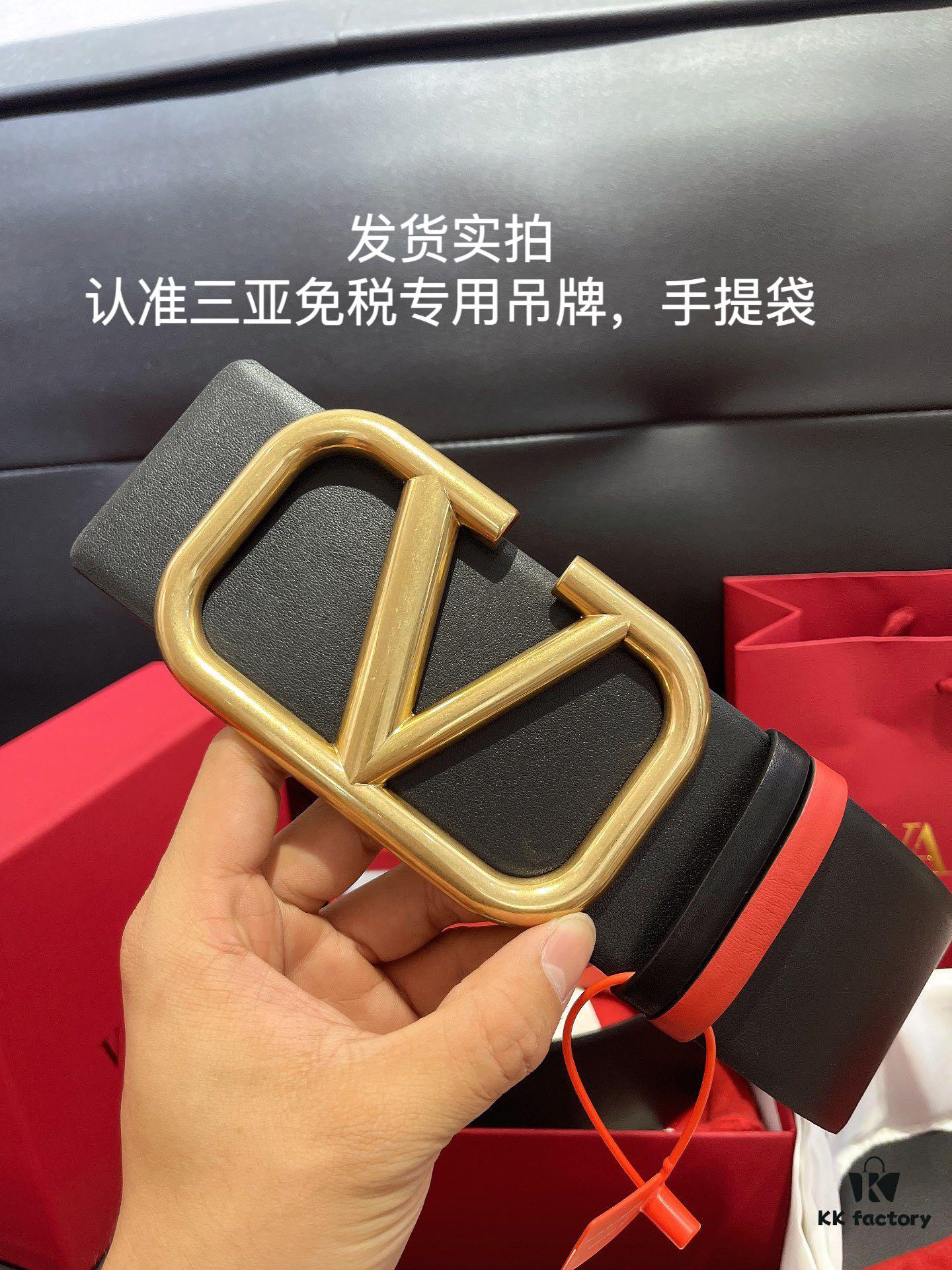 Authentic Duty-Free Valentino Original Imported Leather Belt in Black with Bright Red, Multiple Colors Available, Paired with Retro Hardware ♚ 7.0cm