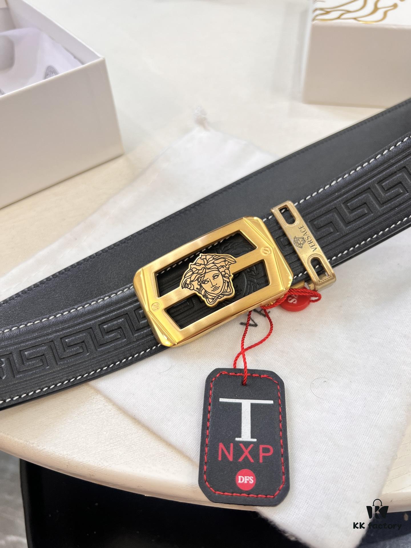 Versace Automatic Buckle Belt, Custom Embossed Top-Grade Imported Calfskin with Fine Grain, 3.5cm Width, Luxury Business Formal Belt with Steel Hardware