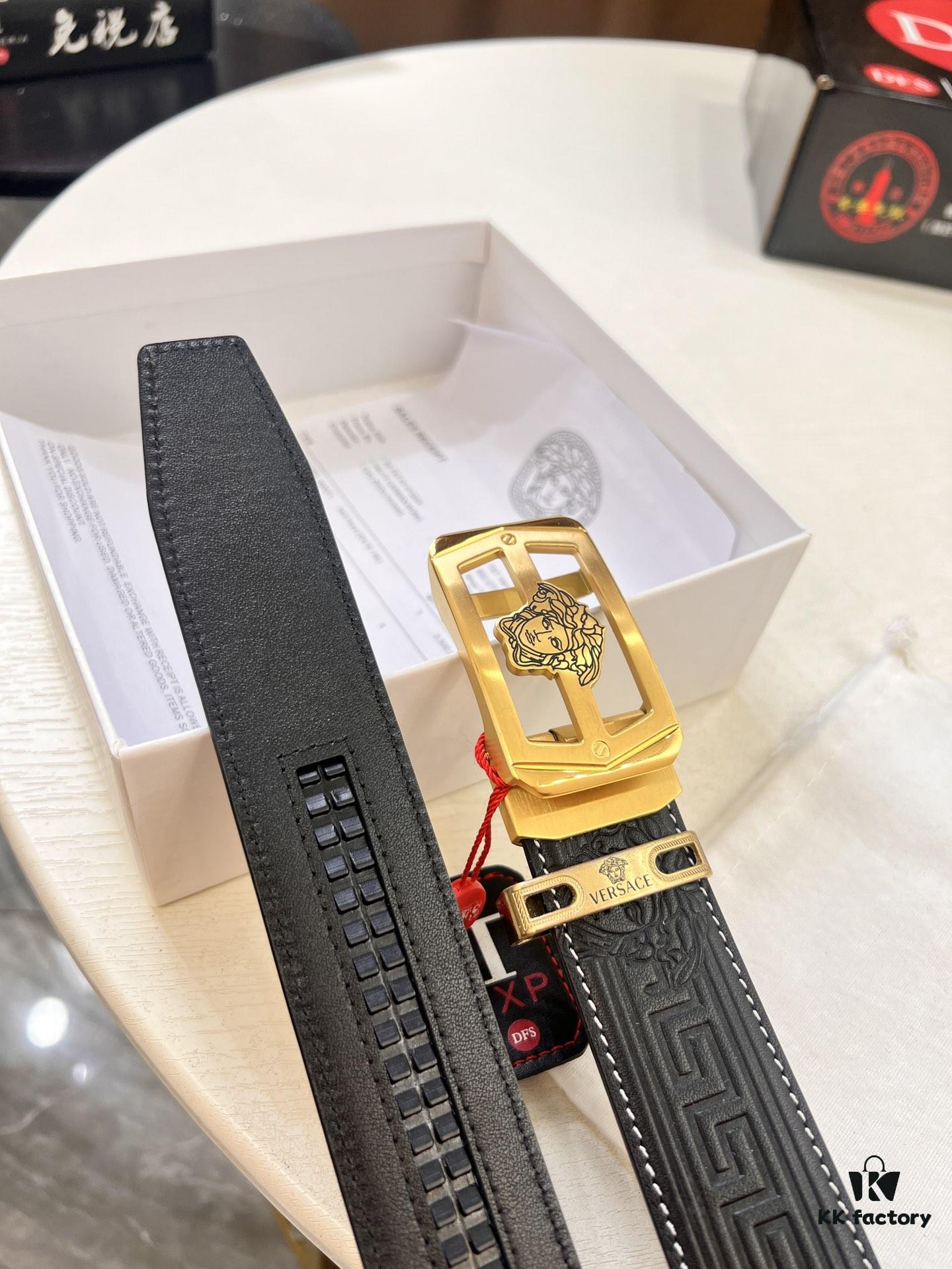 Versace Automatic Buckle Belt, Custom Embossed Top-Grade Imported Calfskin with Fine Grain, 3.5cm Width, Luxury Business Formal Belt with Steel Hardware