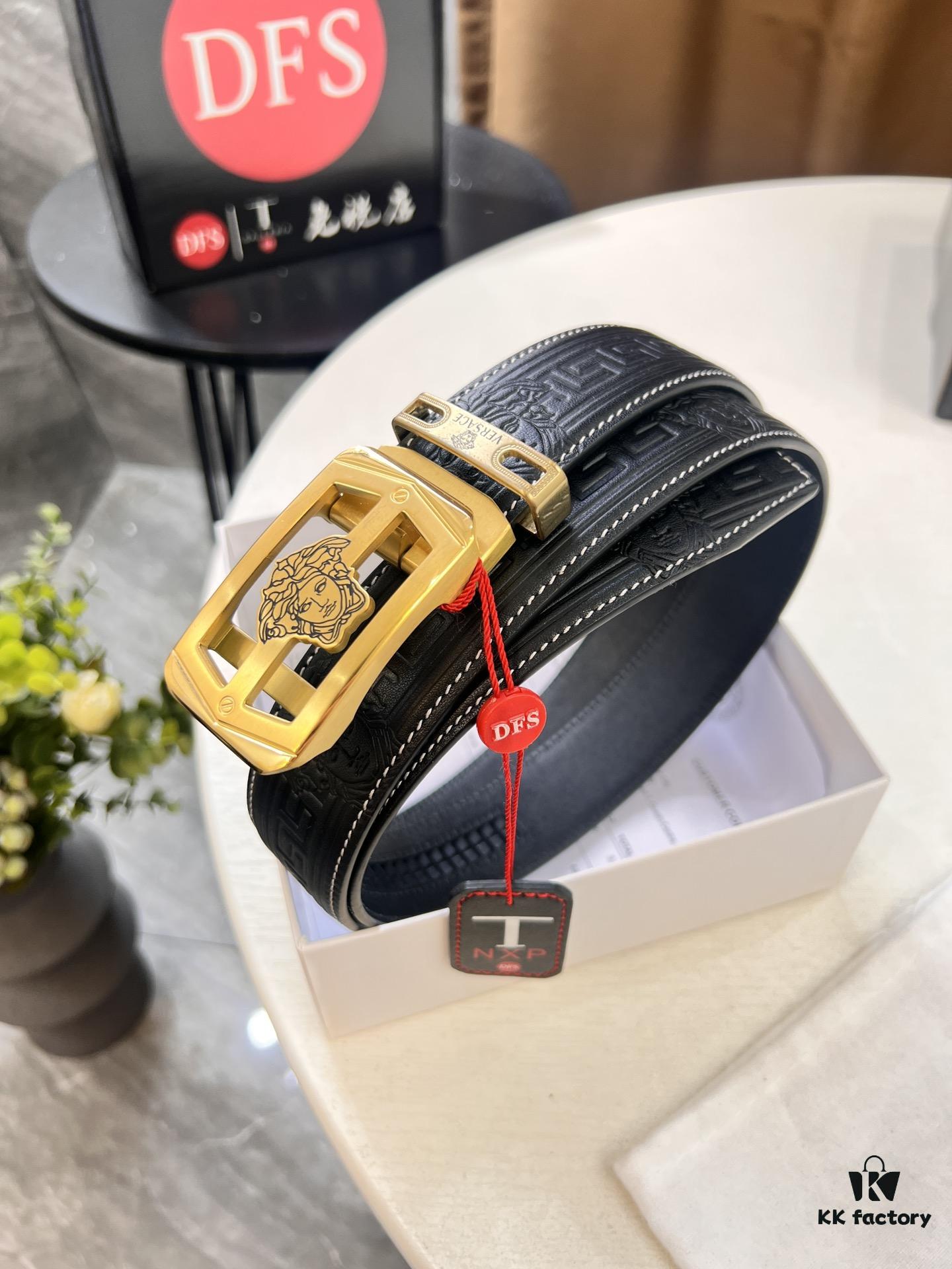 Versace Automatic Buckle Belt, Custom Embossed Top-Grade Imported Calfskin with Fine Grain, 3.5cm Width, Luxury Business Formal Belt with Steel Hardware