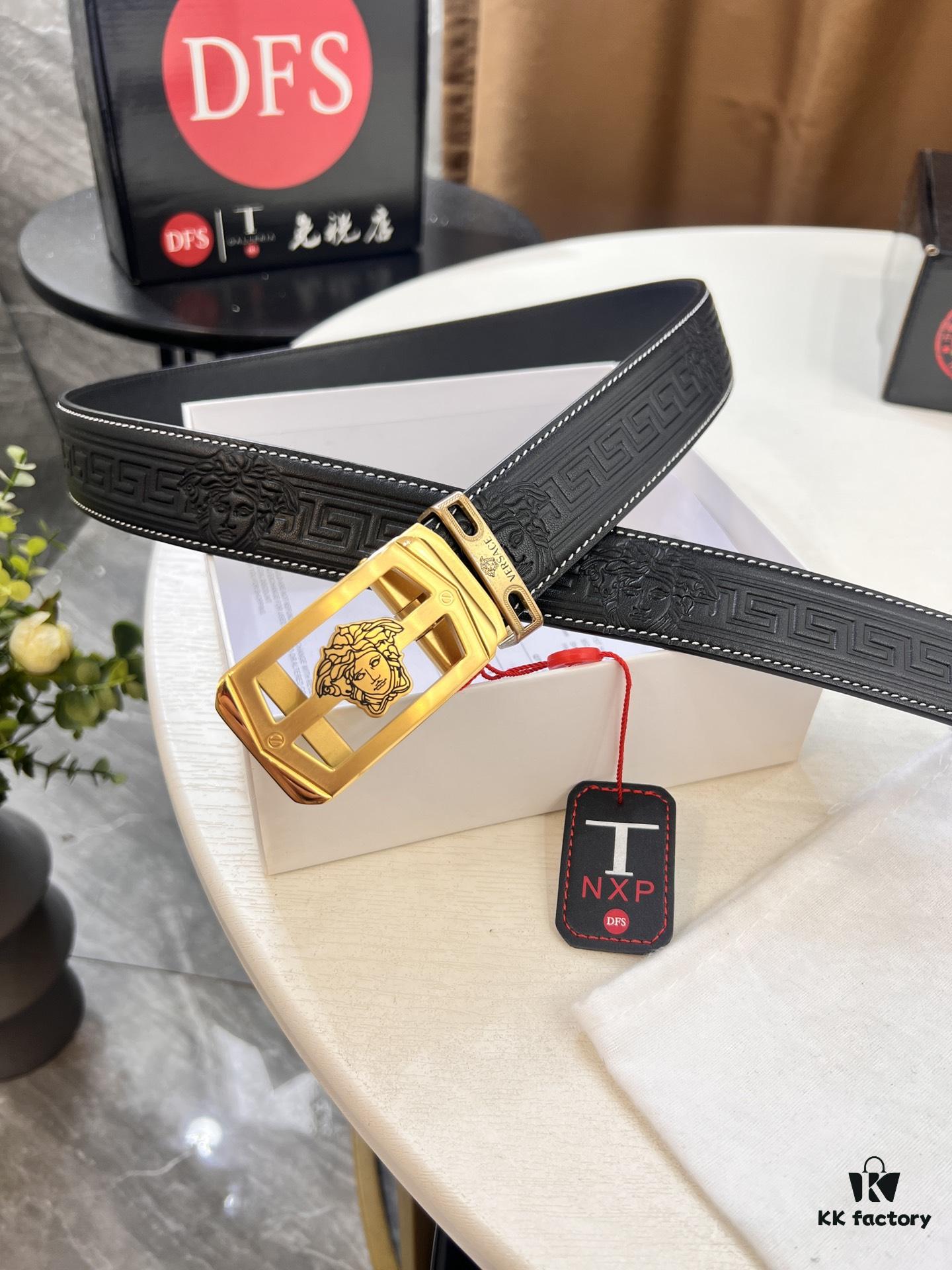 Versace Automatic Buckle Belt, Custom Embossed Top-Grade Imported Calfskin with Fine Grain, 3.5cm Width, Luxury Business Formal Belt with Steel Hardware