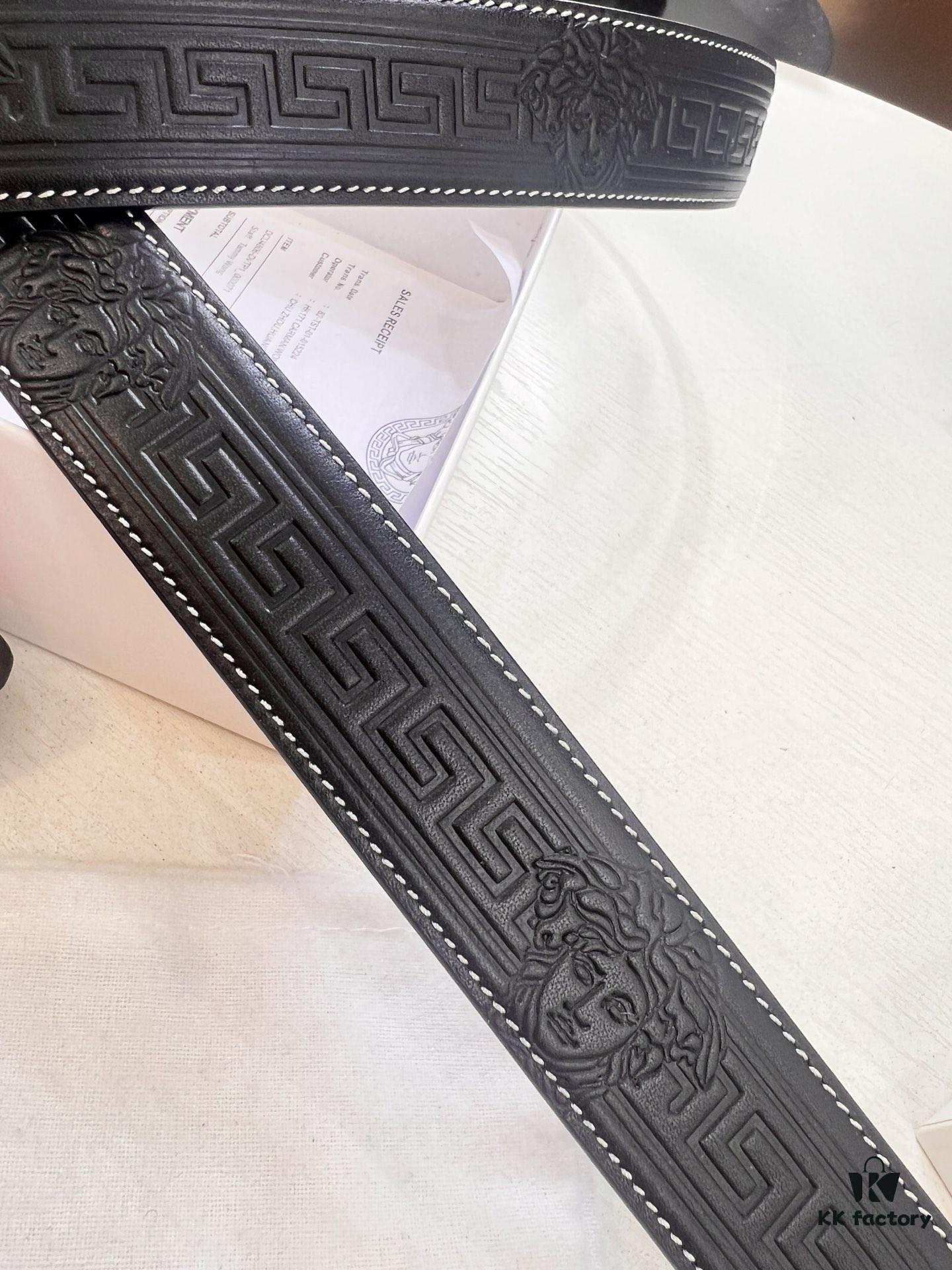Versace Automatic Buckle Belt, Custom Embossed Top-Grade Imported Calfskin with Fine Grain, 3.5cm Width, Luxury Business Formal Belt with Steel Hardware