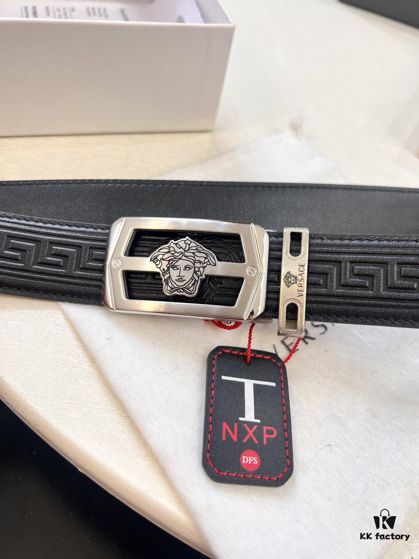 693201af3a89a121ed550764 Versace Automatic Buckle Belt, Custom Embossed Top-Grade Imported Cowhide, 3.5cm Width, Luxury Business Formal Accessory