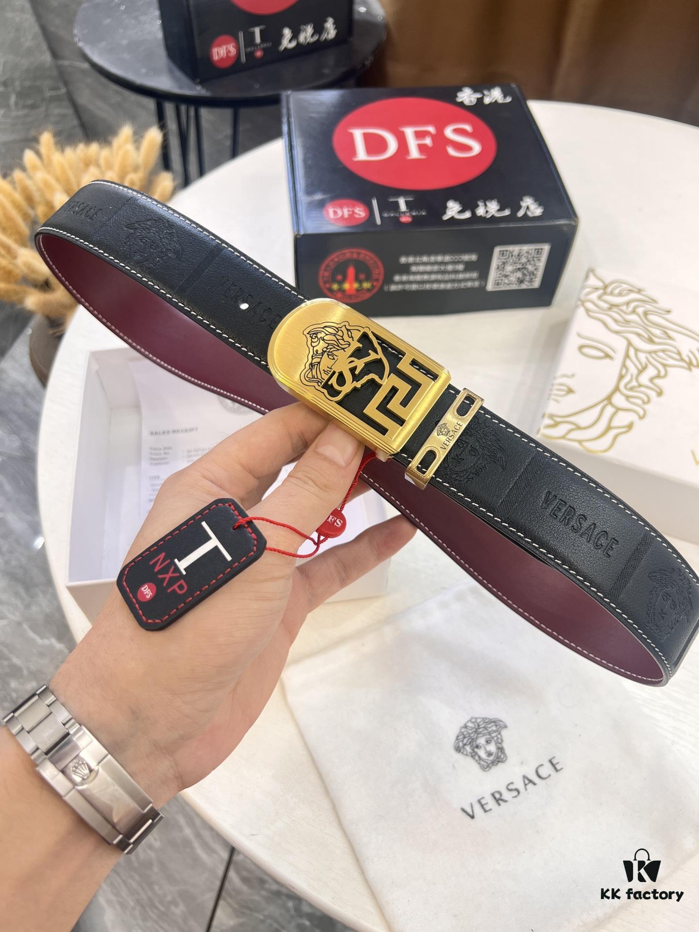 693201b03a89a121ed55076a Versace Medusa Head Belt – Original Factory Direct, Italian Imported Top Grain Calfskin, Wine Red Plain Texture, 3.8cm Width, Authentic NXP Chip Tag