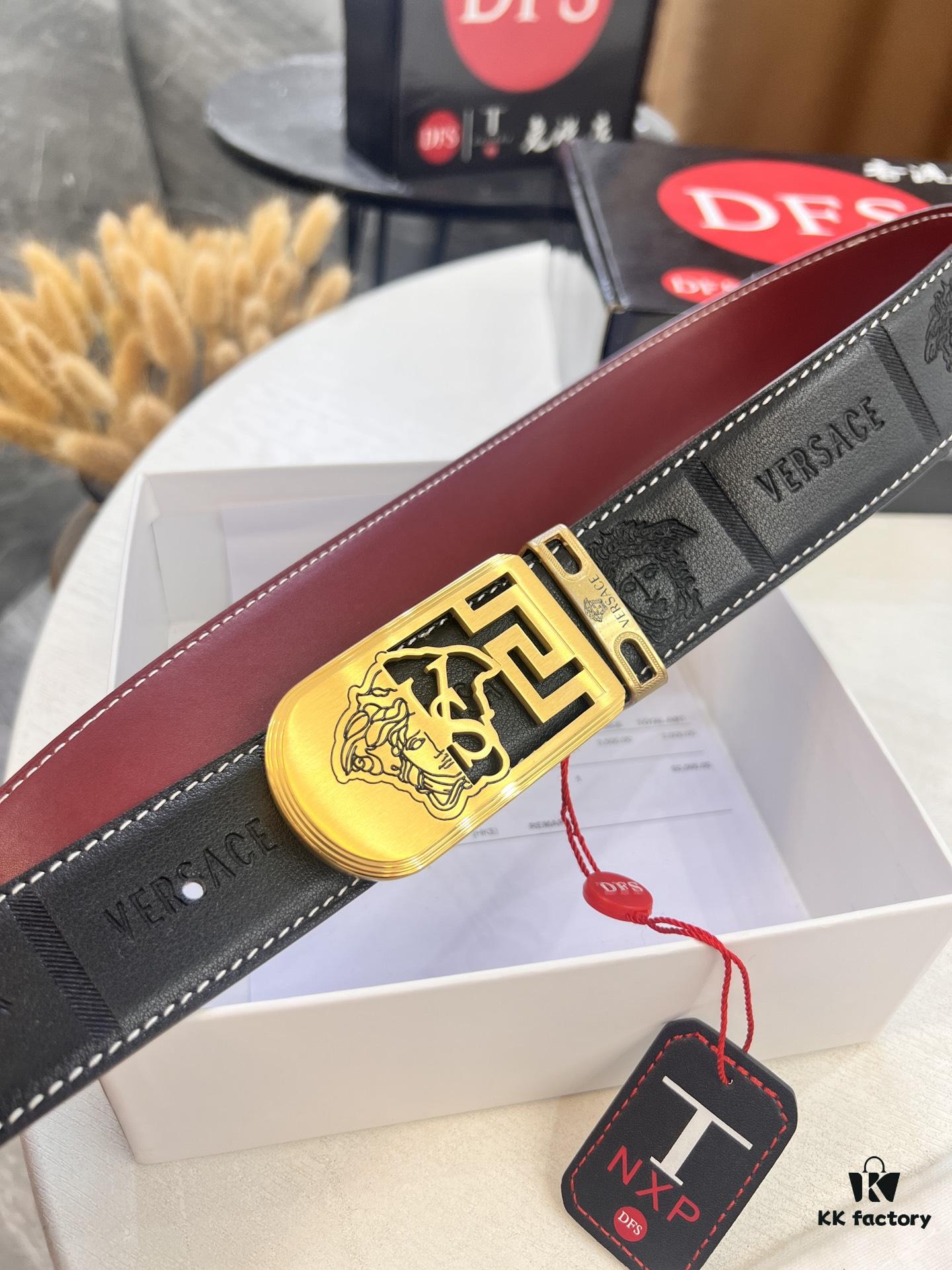 693201b03a89a121ed55076b Versace Medusa Head Belt – Original Factory Direct, Italian Imported Top Grain Calfskin, Wine Red Plain Texture, 3.8cm Width, Authentic NXP Chip Tag