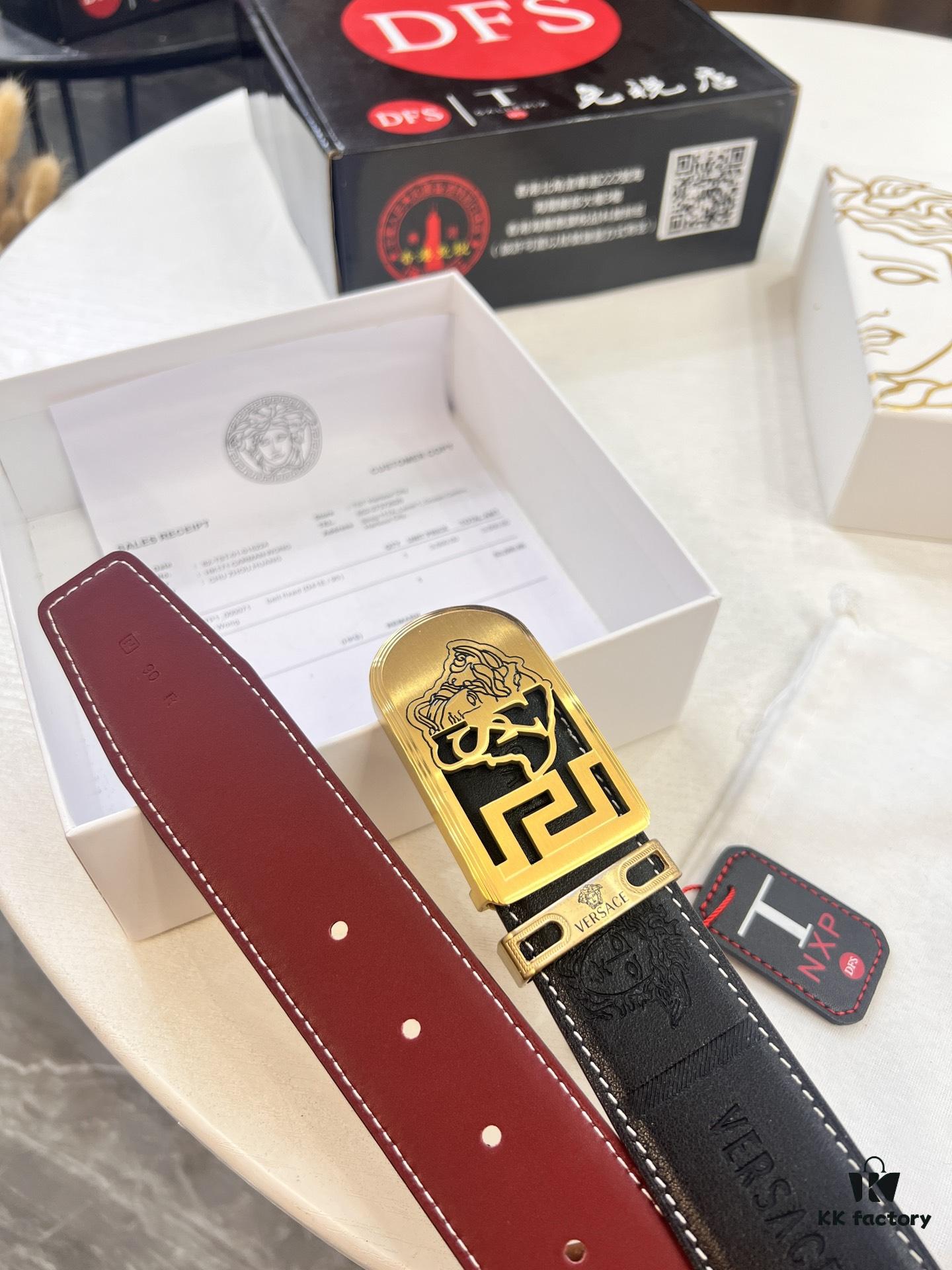 693201b03a89a121ed55076c Versace Medusa Head Belt – Original Factory Direct, Italian Imported Top Grain Calfskin, Wine Red Plain Texture, 3.8cm Width, Authentic NXP Chip Tag